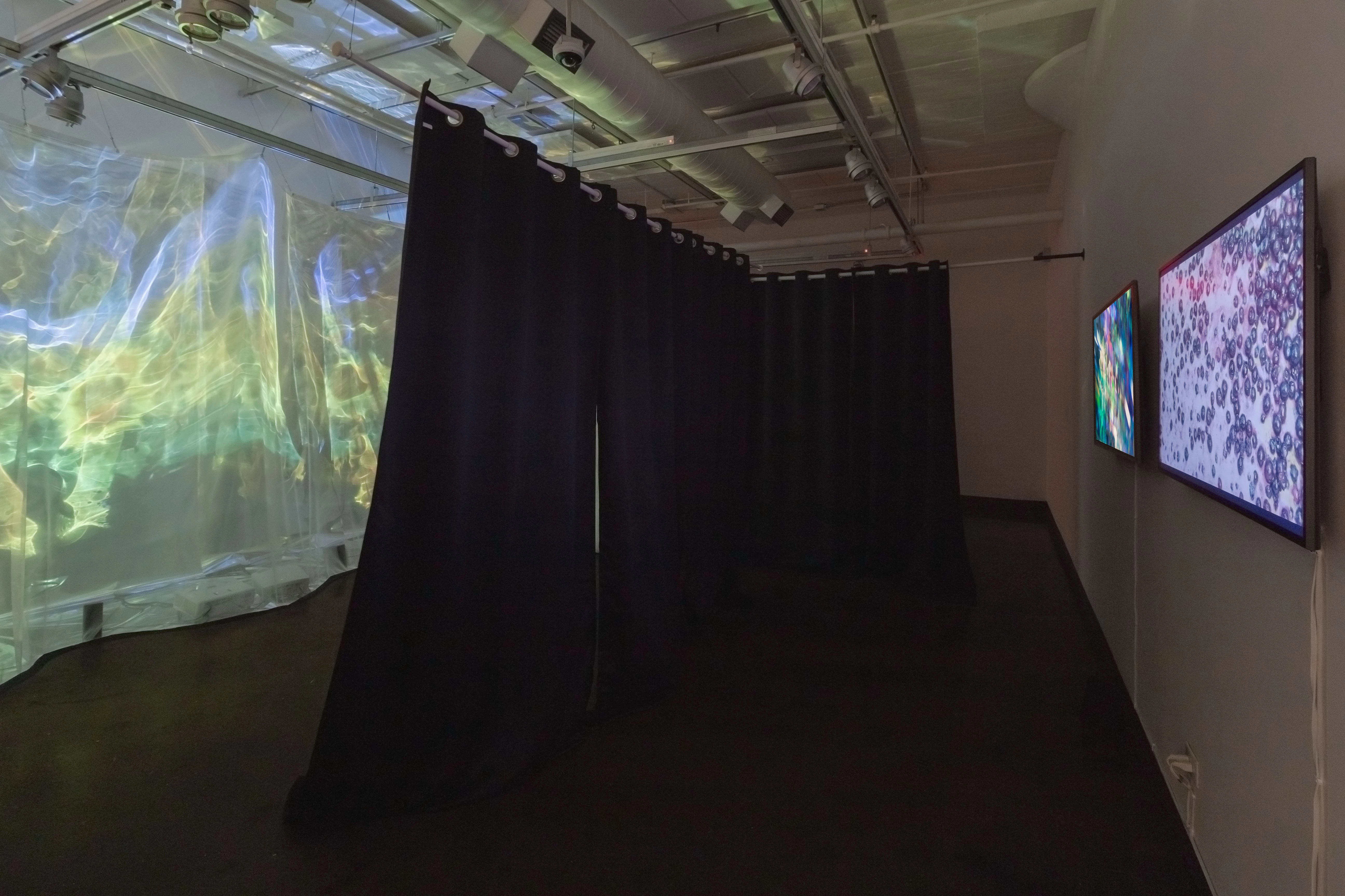 Multiple views of SVA Chelsea Gallery with framed and unframed photographs, video, and installation with projectors. 