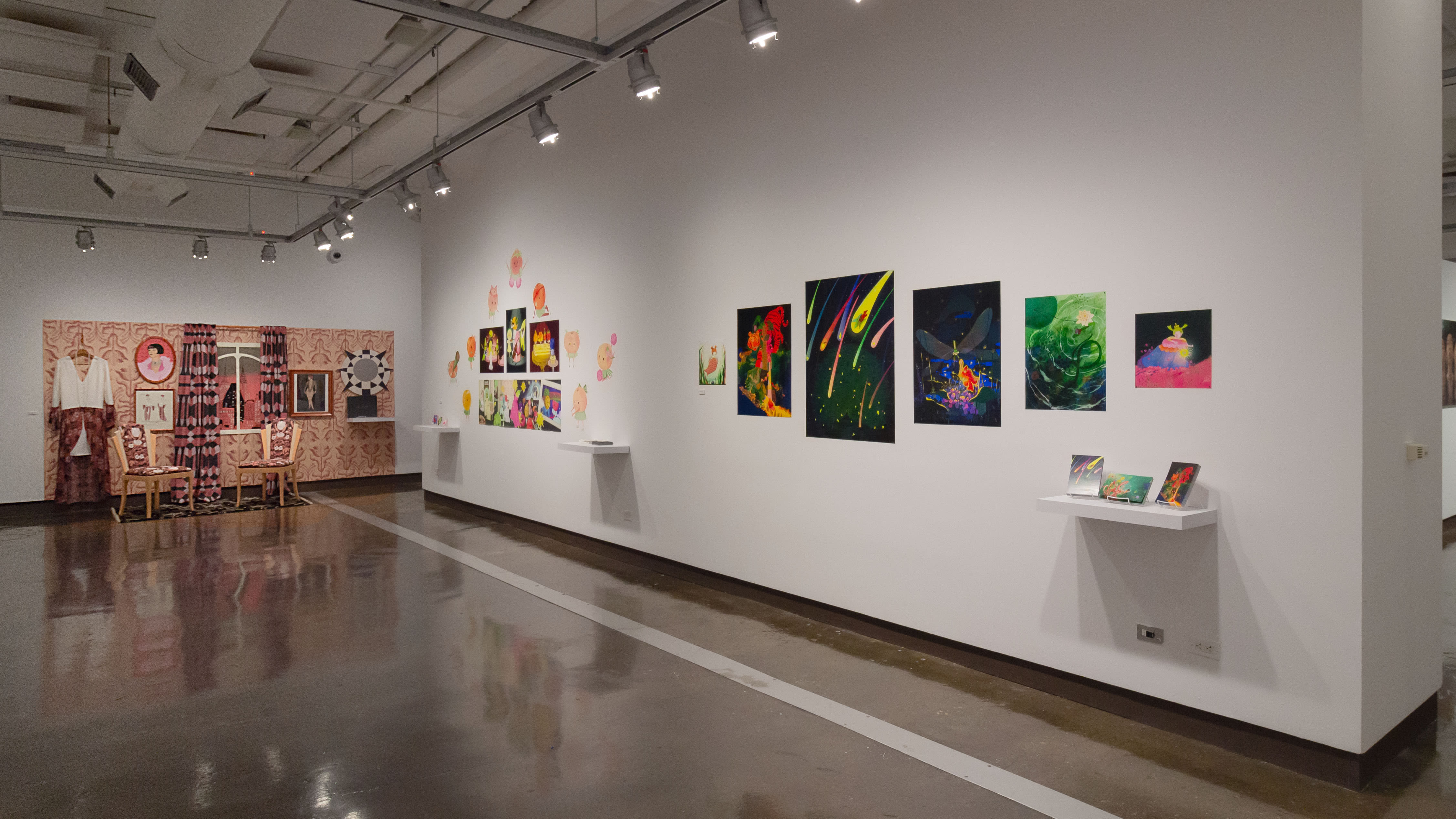 Multiple views of SVA Chelsea Gallery. There are illustrations, monitors, and paintings hung on the walls. Shelves have posters, books, CDs and artist take-aways.