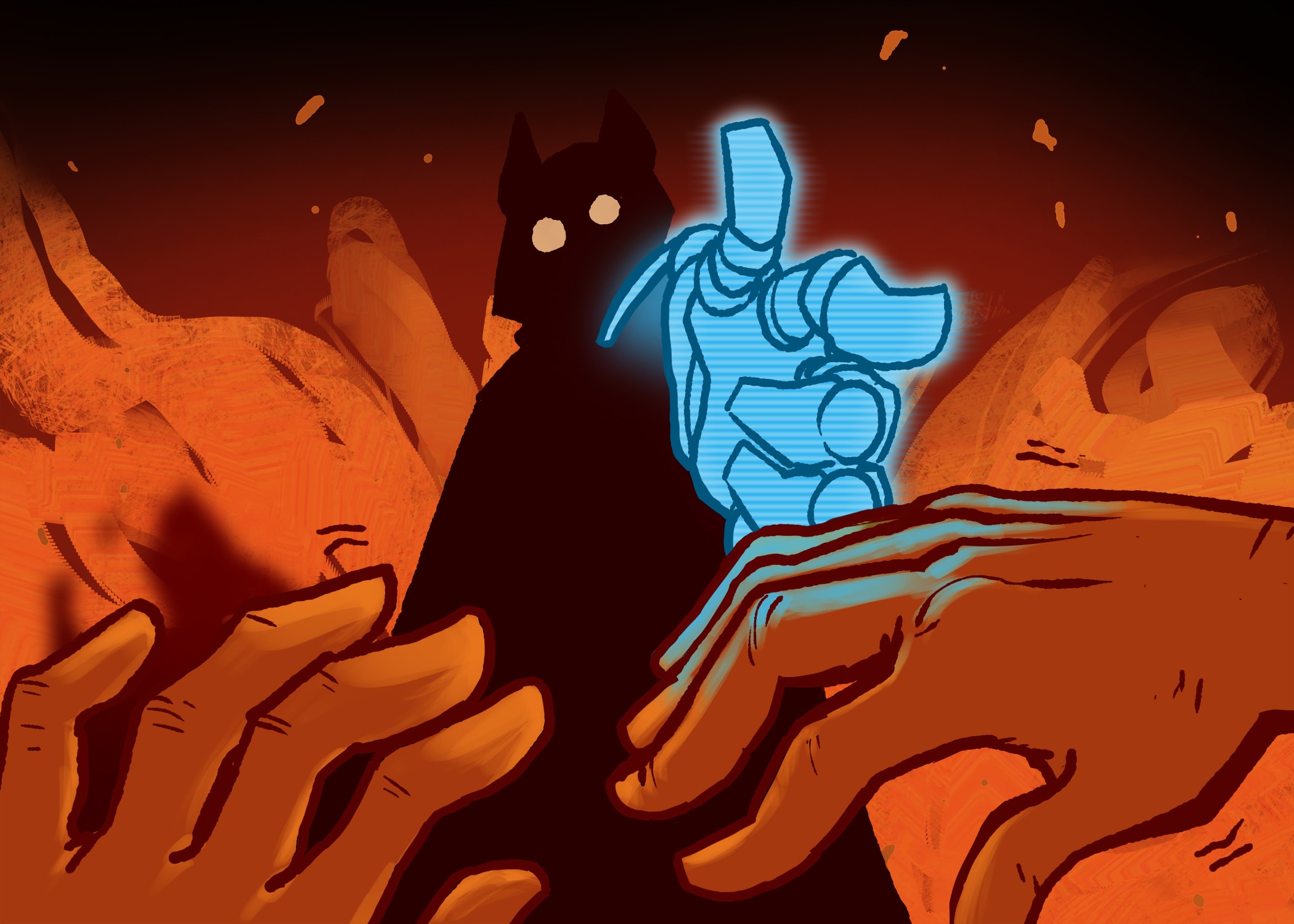 Image of figure with blue hand pointing from Porad Gasan Zade's graphic novel Hatland Oddities.