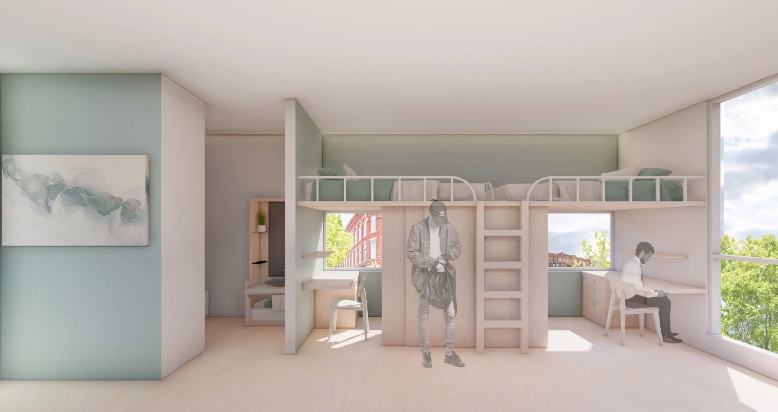 Image of a 3D rendered interior. A room is visible containing bunk beds in the center of the space, a desk and chair to the right. A person sits at the desk working