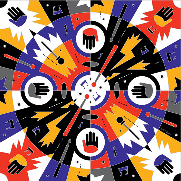 <p "="">A pattern-like multicolored graphic featuring eighth notes, hands and drum sticks, among other things.
