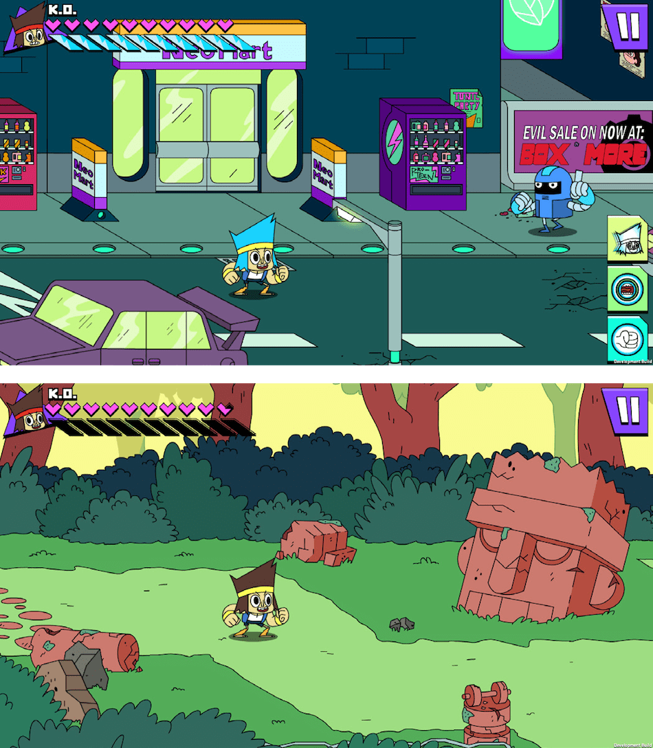 <p "="">Two video game stills, one showing the character in a nighttime city setting, another showing him in a wooded area surrounded by stone ruins.
