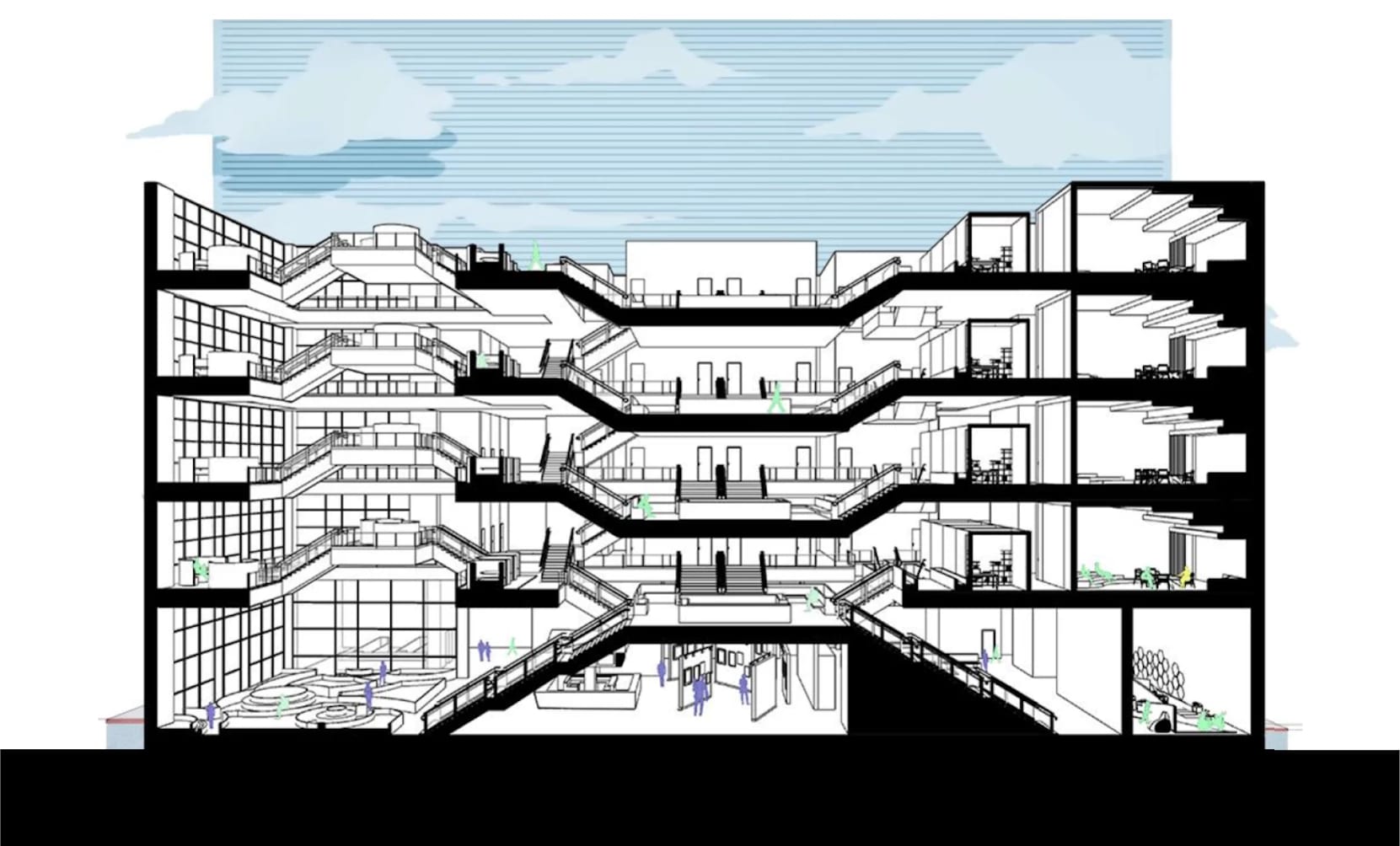 A cross-sectional diagram of a multi-level building. The drawing shows a structure with five levels primarily cut in half to make the interior plans visible. The drawing is black and white, with a blue sky visible in the top center of the image.