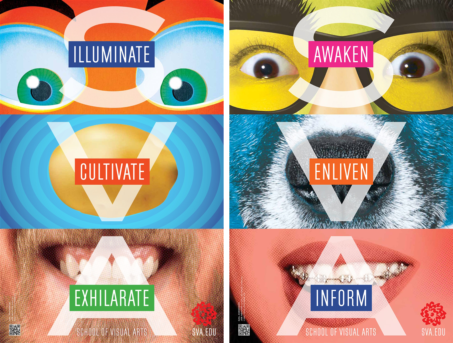 Two posters consisting of three panels each, creating exquisite corpse-type illustrations of faces and spelling out "SVA."