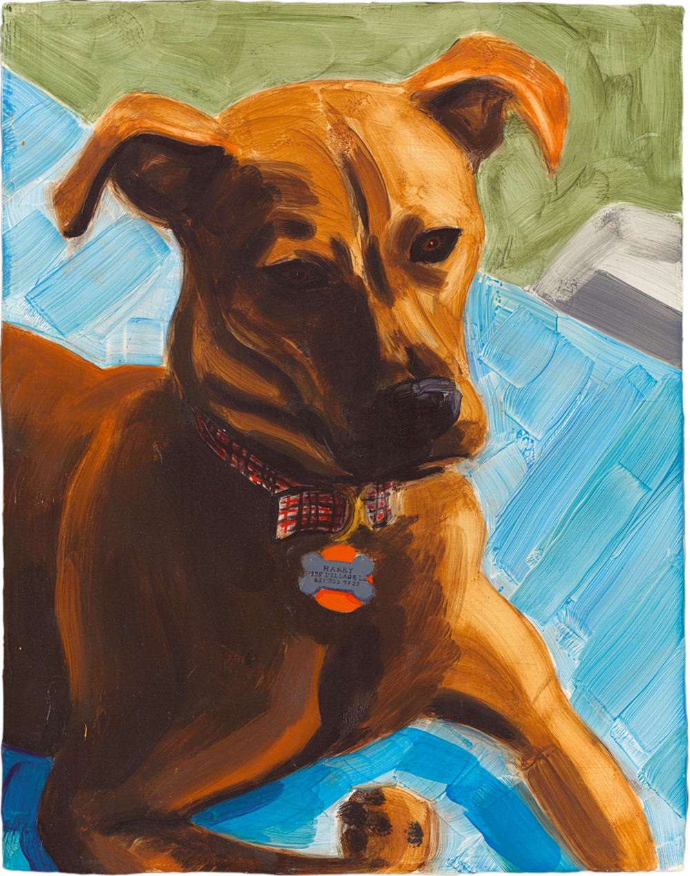 A brown dog named Harry depicted in an oil painting.