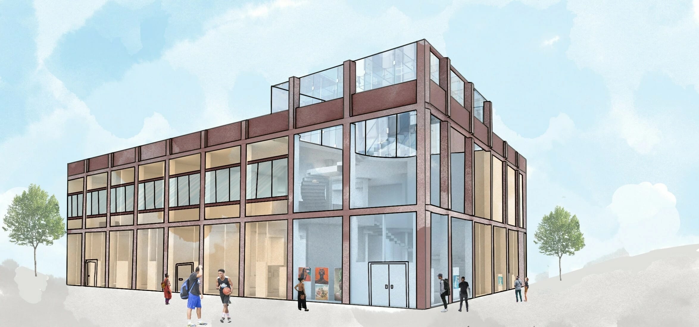 3D rendered building plan of a proposed redesigned Community Justice Center. The building is dark grey with light blue glass panels. 