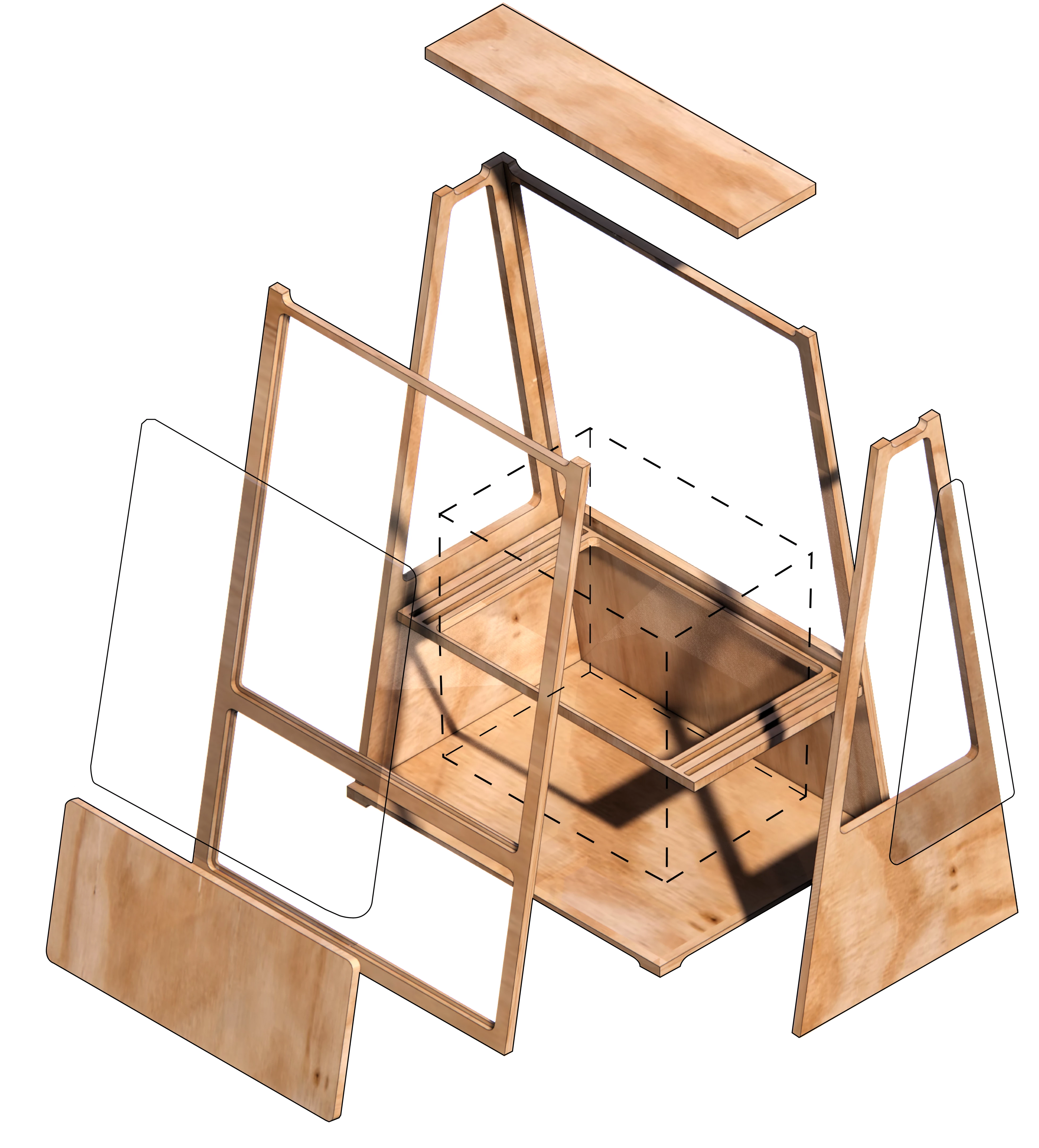 3D rendering of a mobile greenhouse project assembly diagram. A wooden rectangular structure is visible, with framed beams depicted slightly separated from the rectangular central container in a way that infers how the structure can be assembled