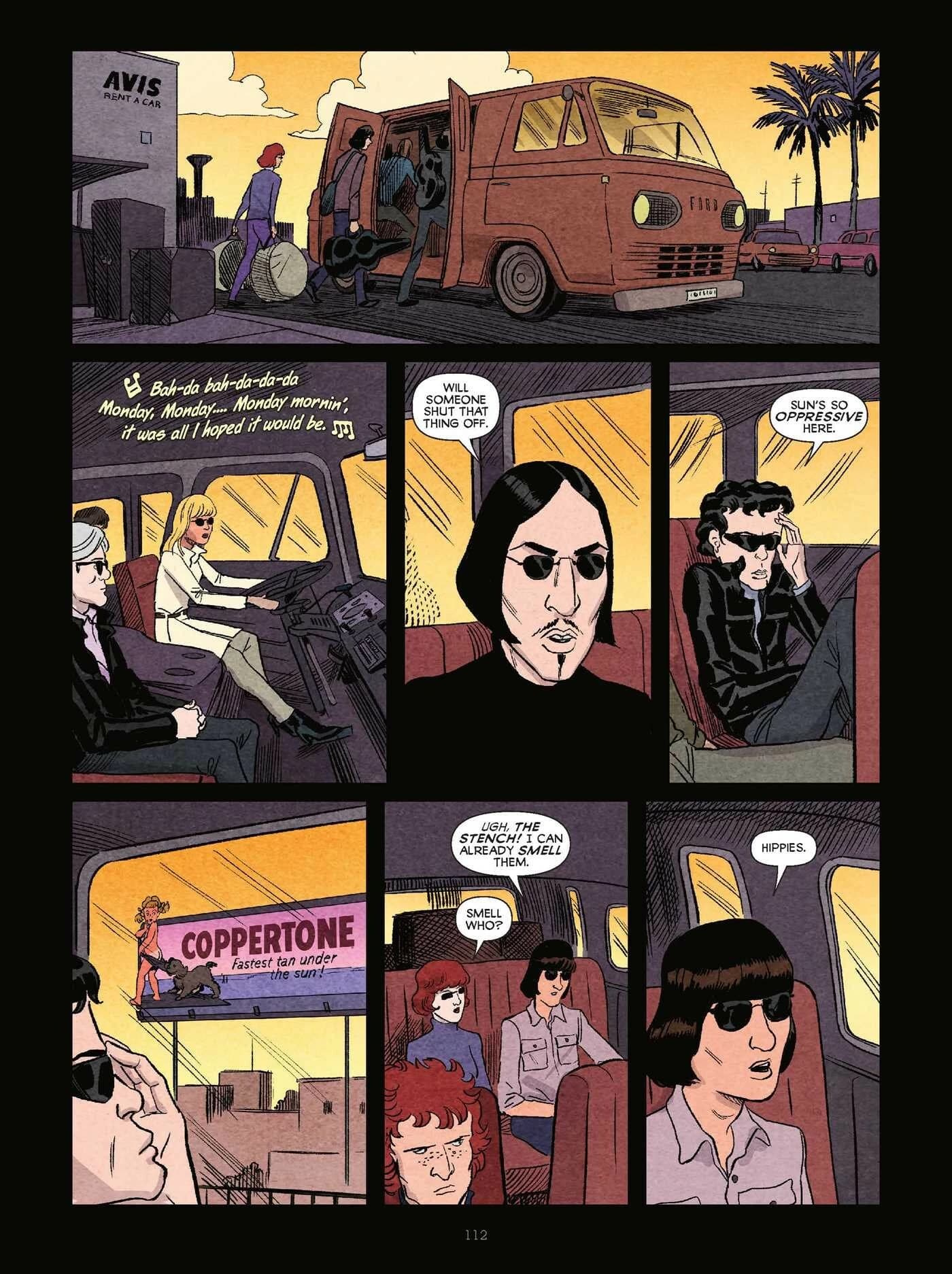 A panel of comic book-looking inserts featuring a group of people, generally wearing all black and sunglasses, driving. 