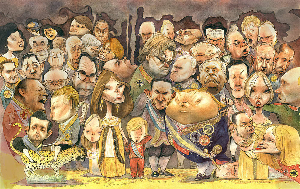 Cartoon images of a variety of people or celebrities.