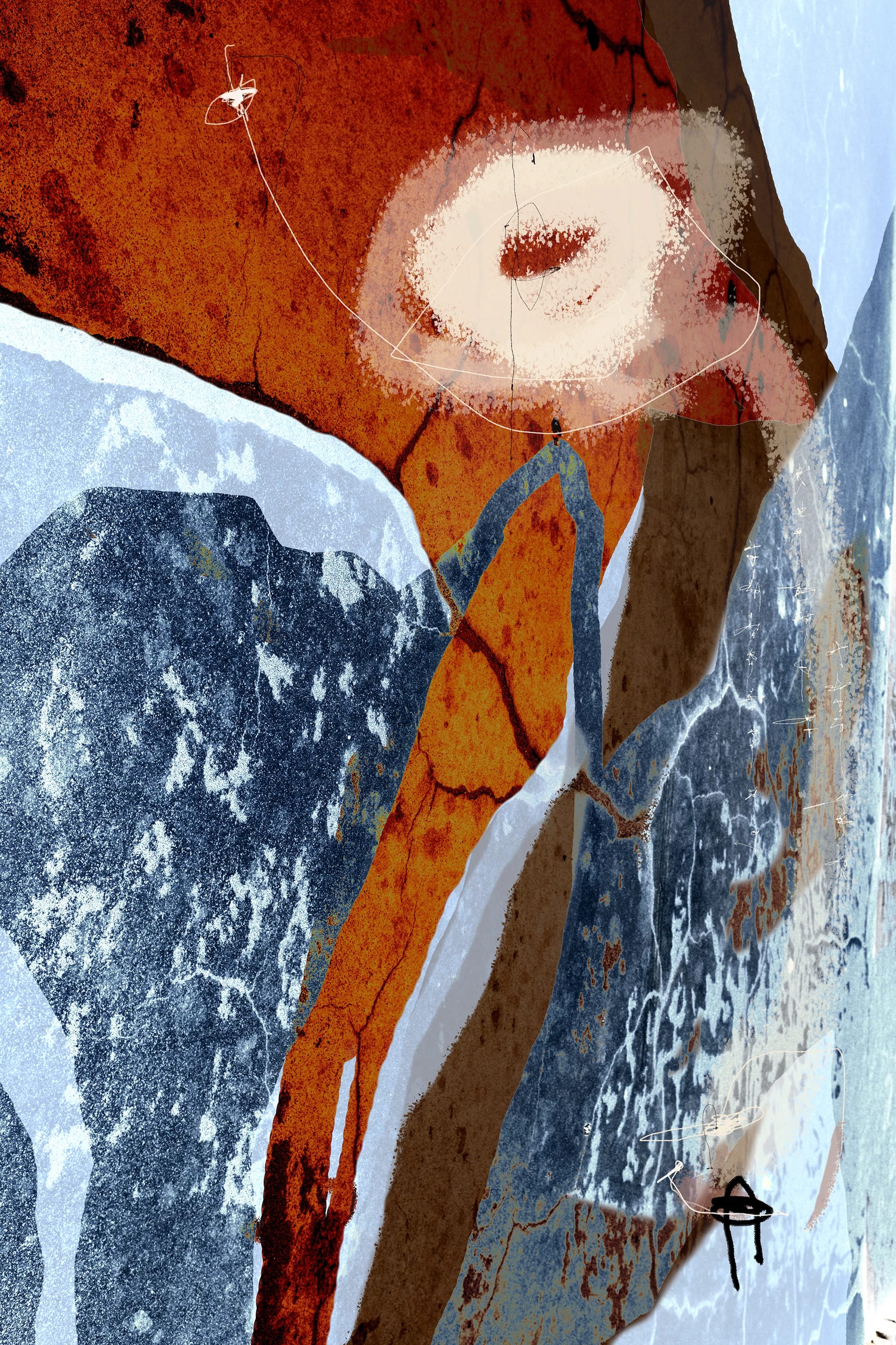 An abstract photograph featuring textured layers with a mix of earthy tones of red and blues, as if icy glaciers melt open, searing hot magma slowly flowing over it. A fluffy almond-colored swirl floats atop the magma-red, below which lies a larger, more transparent swirl with a long tail hanging towards the bottom right of the image. , accompanied by a black 'A' mark. A thin white line cluster appears at top left, runs over the swirls, then drops down to the bottom right intersecting with a black letter 'A'.