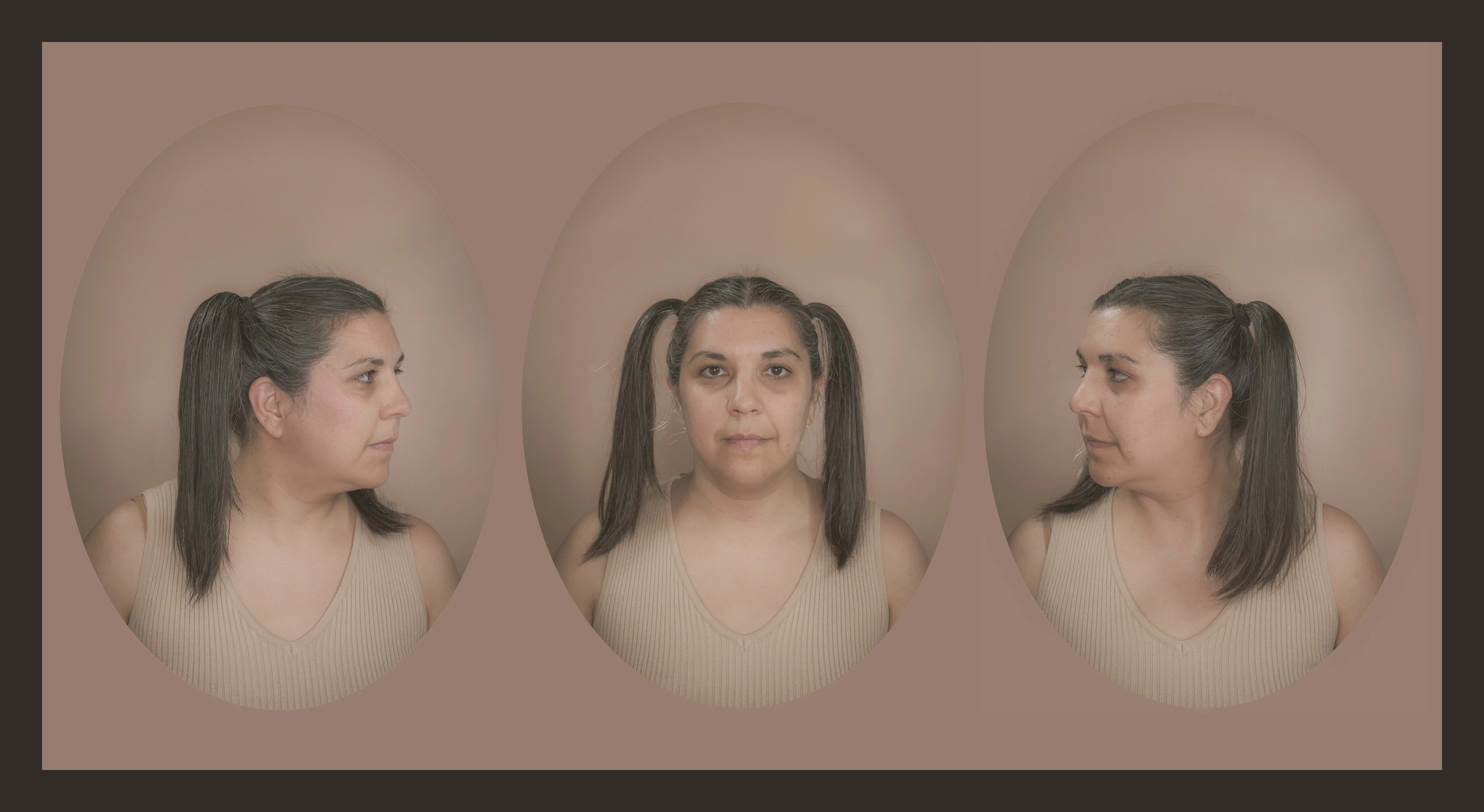 Three medallion photos of woman with hair in pigtails