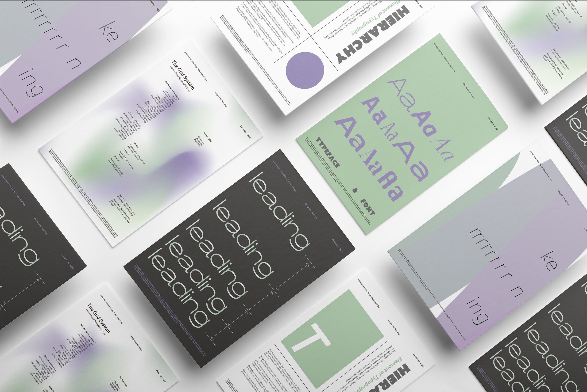 On a white surfaces floats various poster designs floating in a diagonal grid, with a green purple and grey color scheme