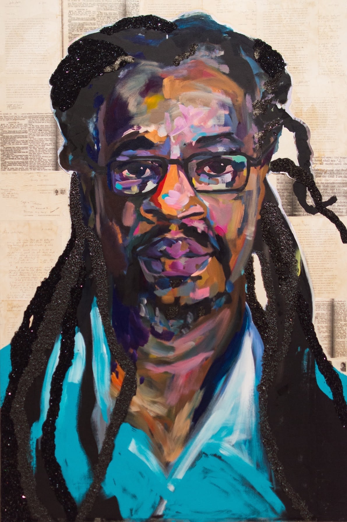 Portrait painting of an African American man with long dreads pulled back and wearing glasses and a blue shirt.