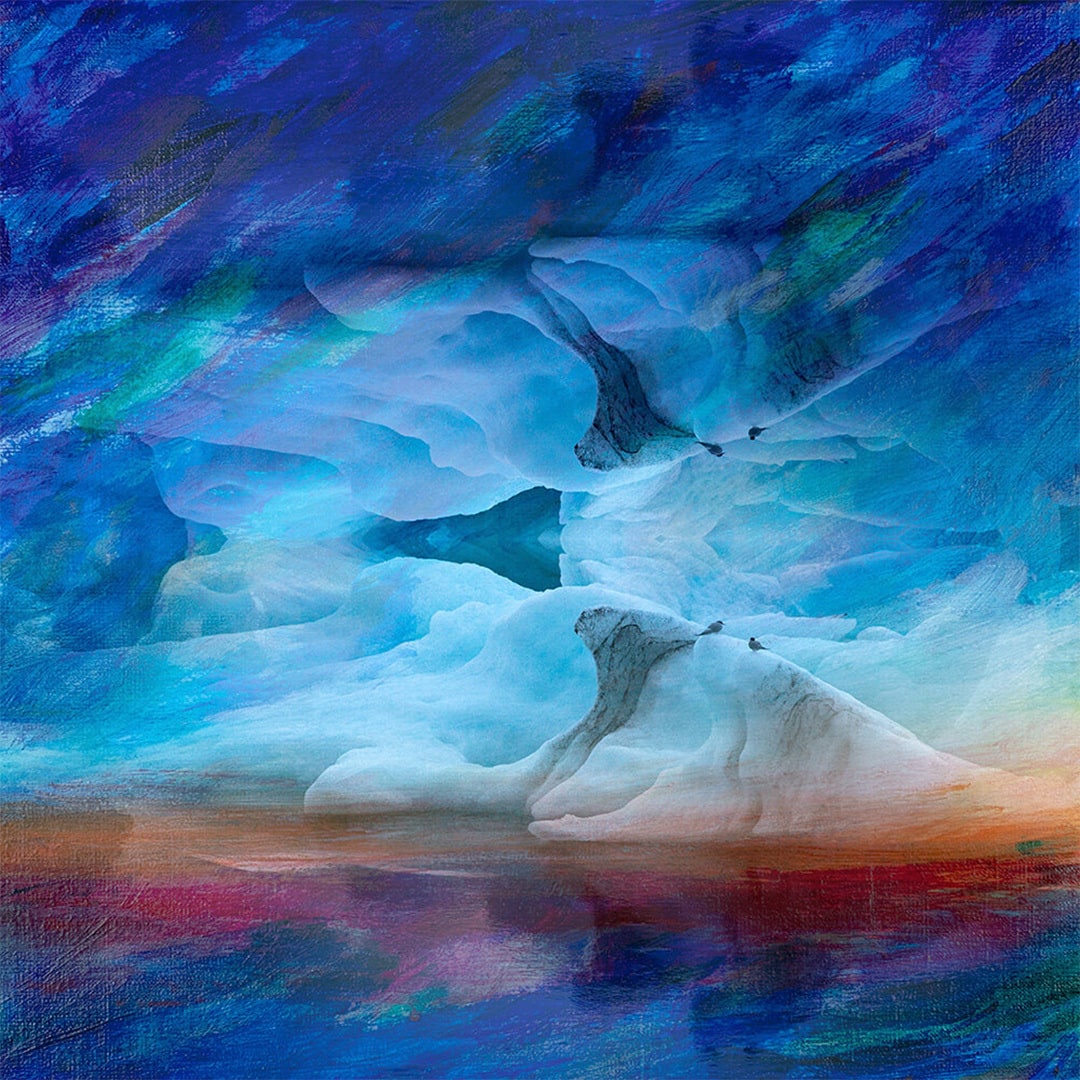 A landscape image of snow mounds with two birds perched on top. The image is mirrored on its horizontal axis, then superimposed with a colorful abstract painting.