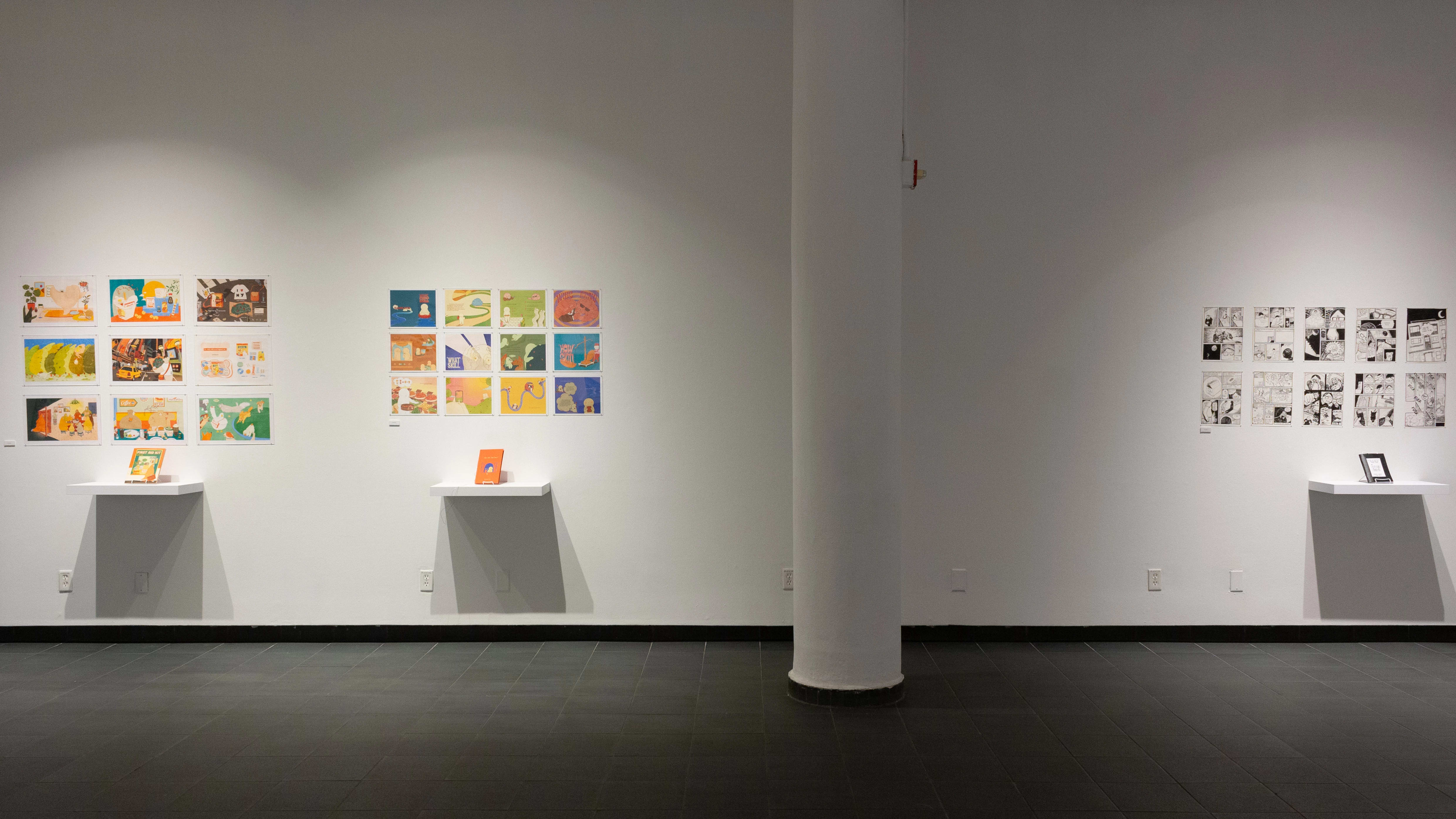Install image showing an straight view of a gallery wall with three installations of books on shelves with individual pages pinned to the wall.