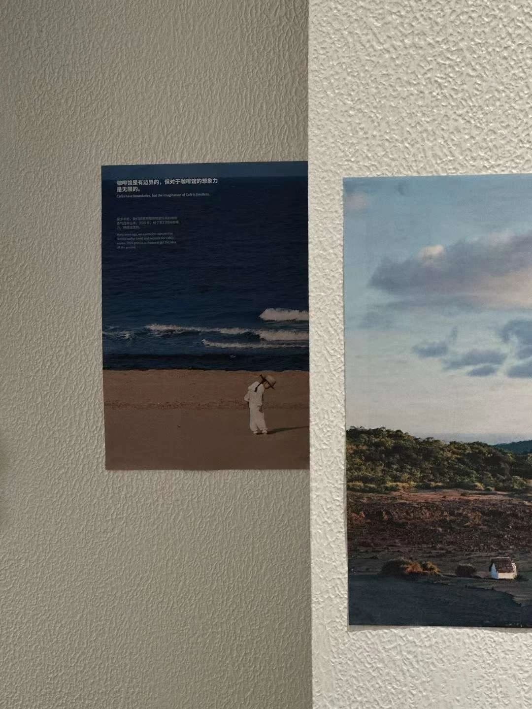 Two posters next to each other on white walls. The texture on the wall is visible. 
