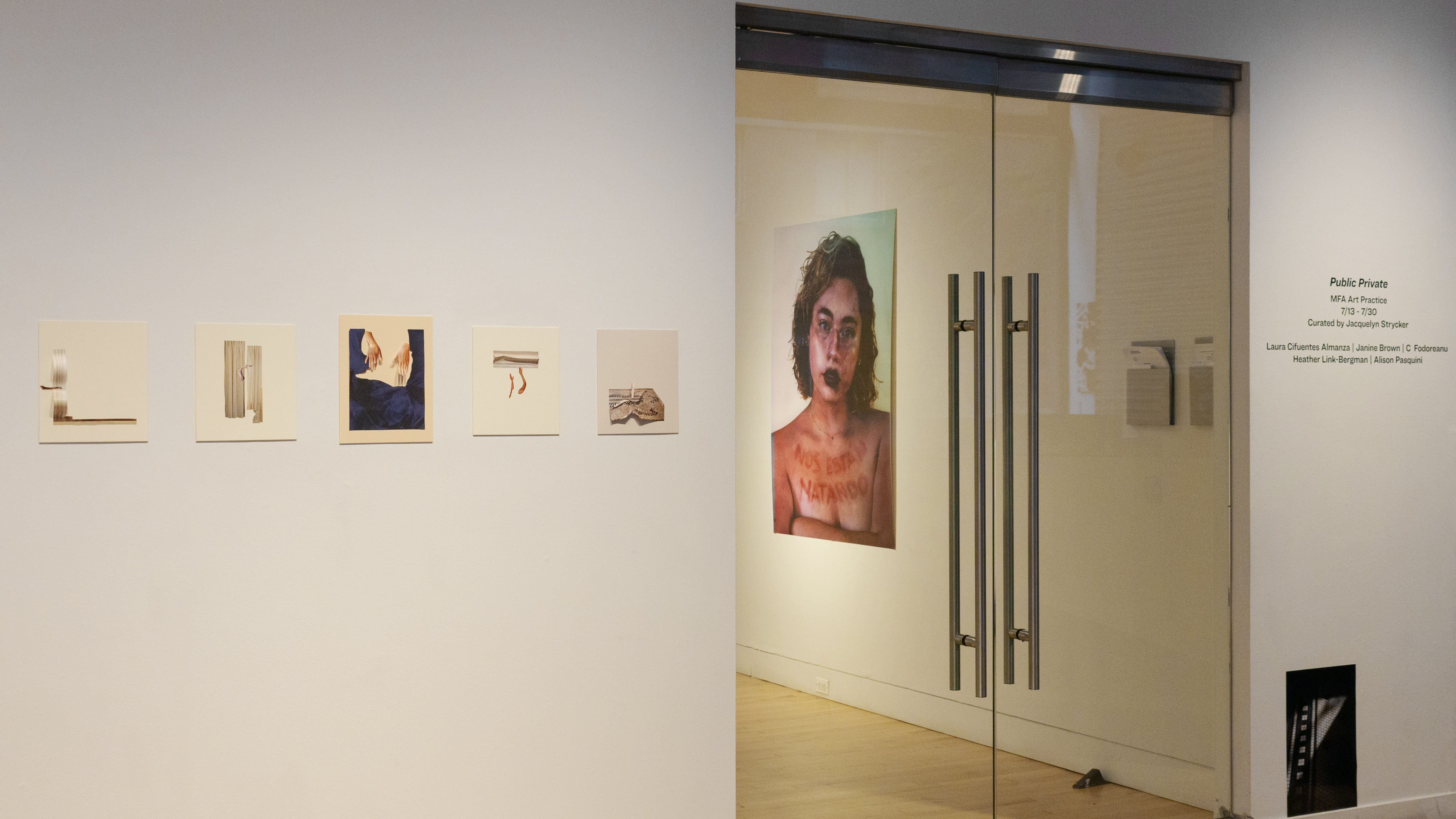 Multiple views of SVA Flatiron Gallery and Windows with installation, photographs, and textile throughout the gallery.