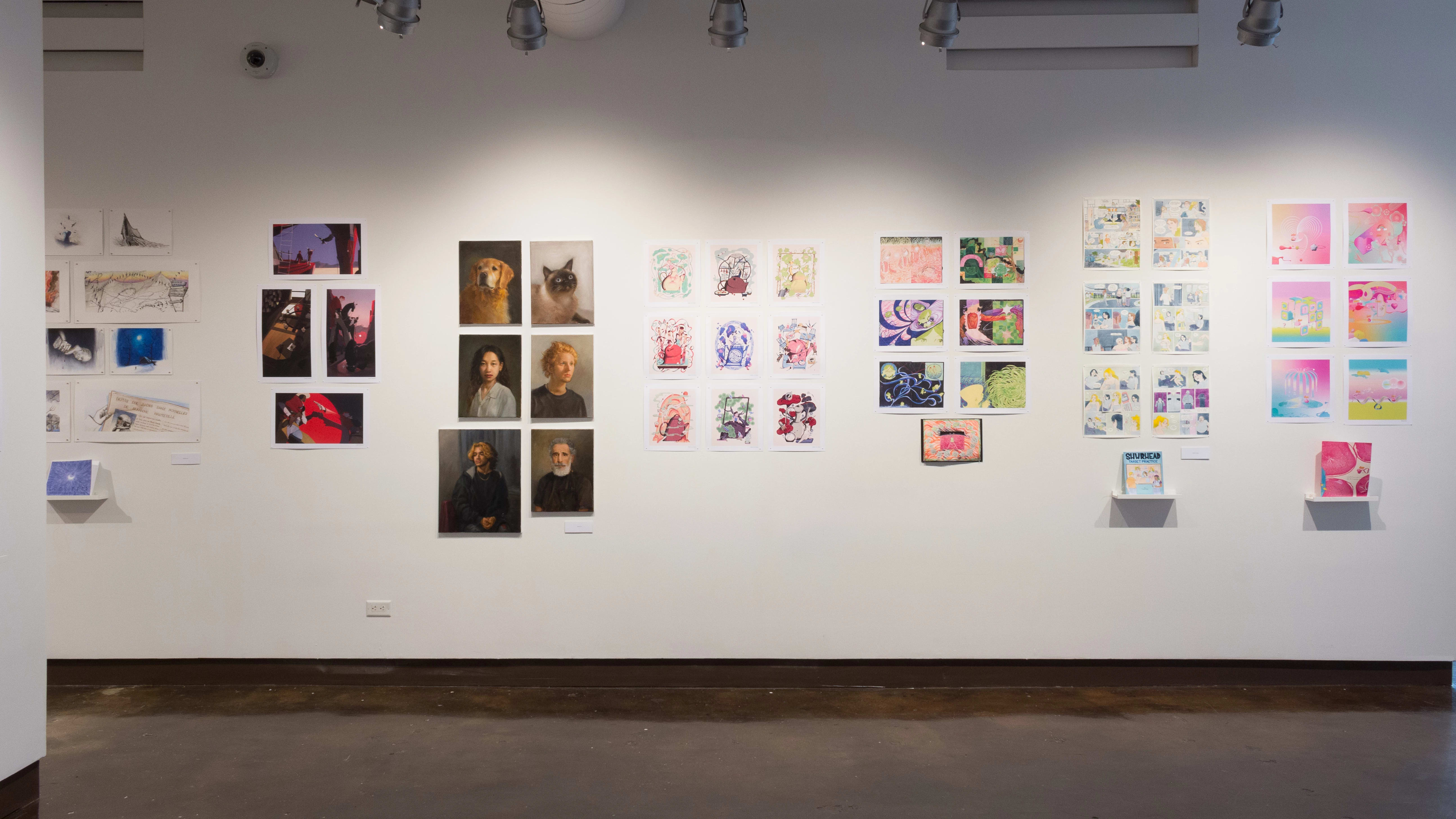 A wall shows seven more projects containing prints and books. Some of the projects do not have books displayed beneath them, and some projects contain original paintings or drawings.