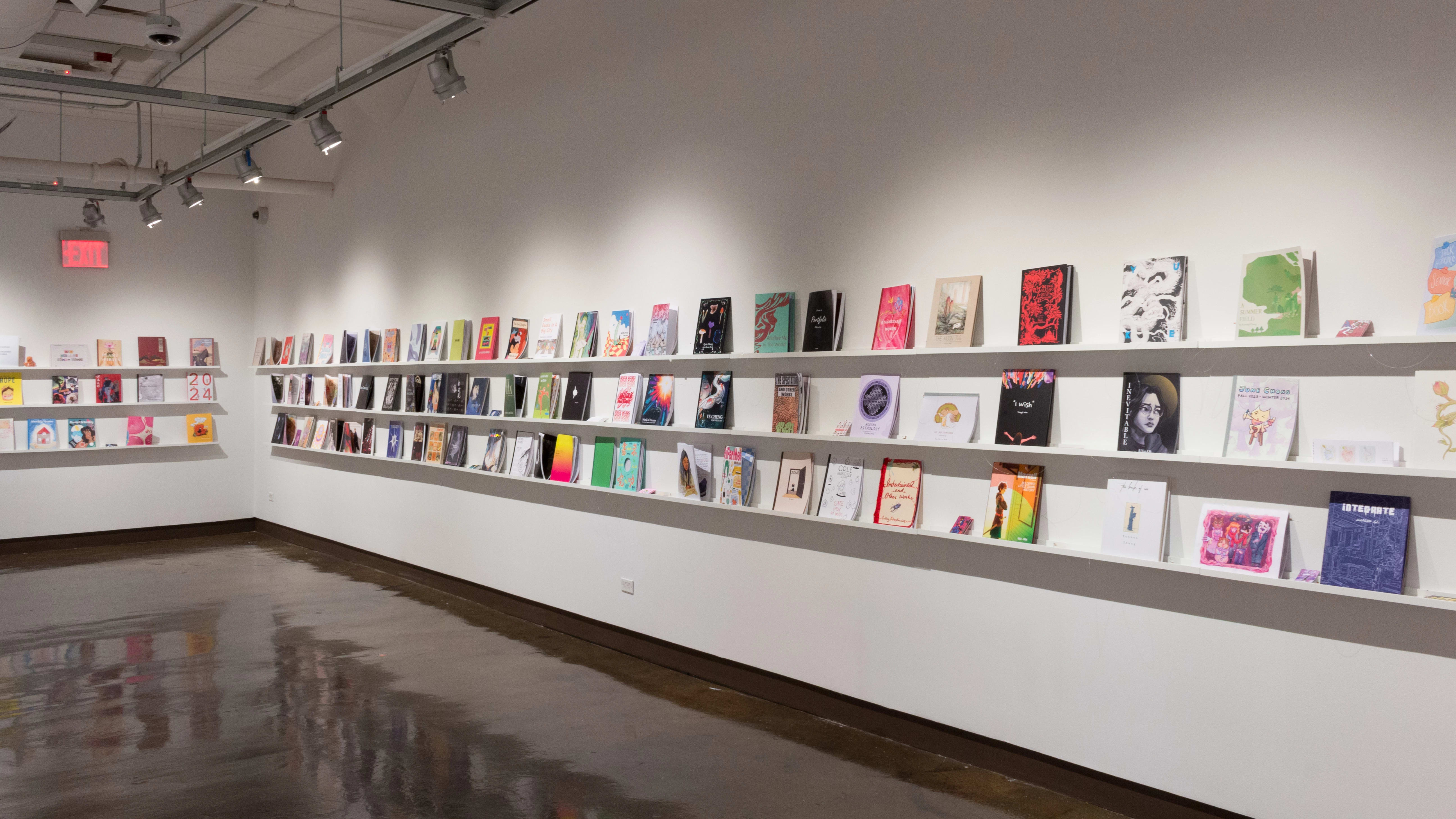Colorful books are displayed in three rows on long shelves that span the width of gallery four.