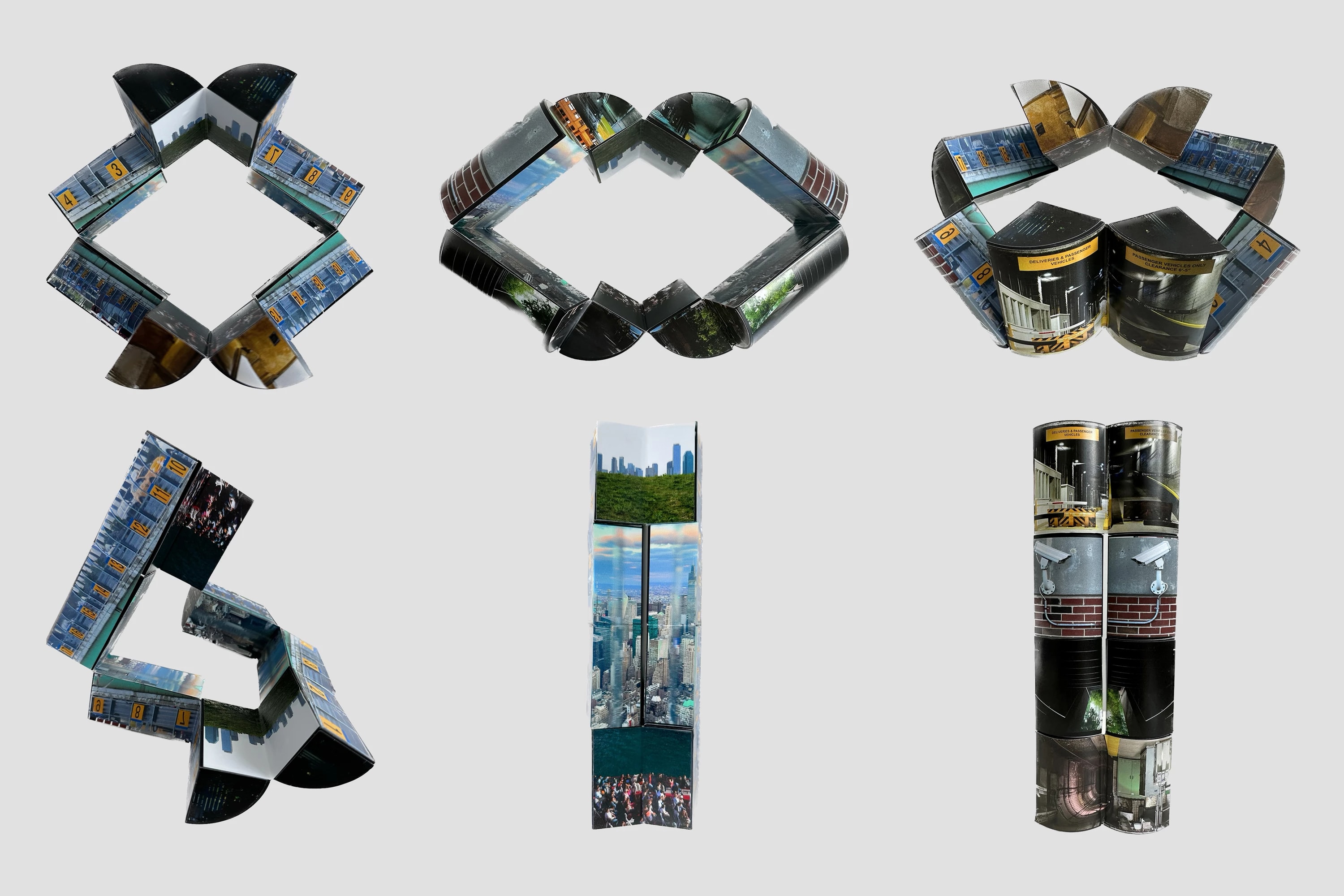 One of them wraps around a geometric moving sculpture of urban images in all its formative displays.