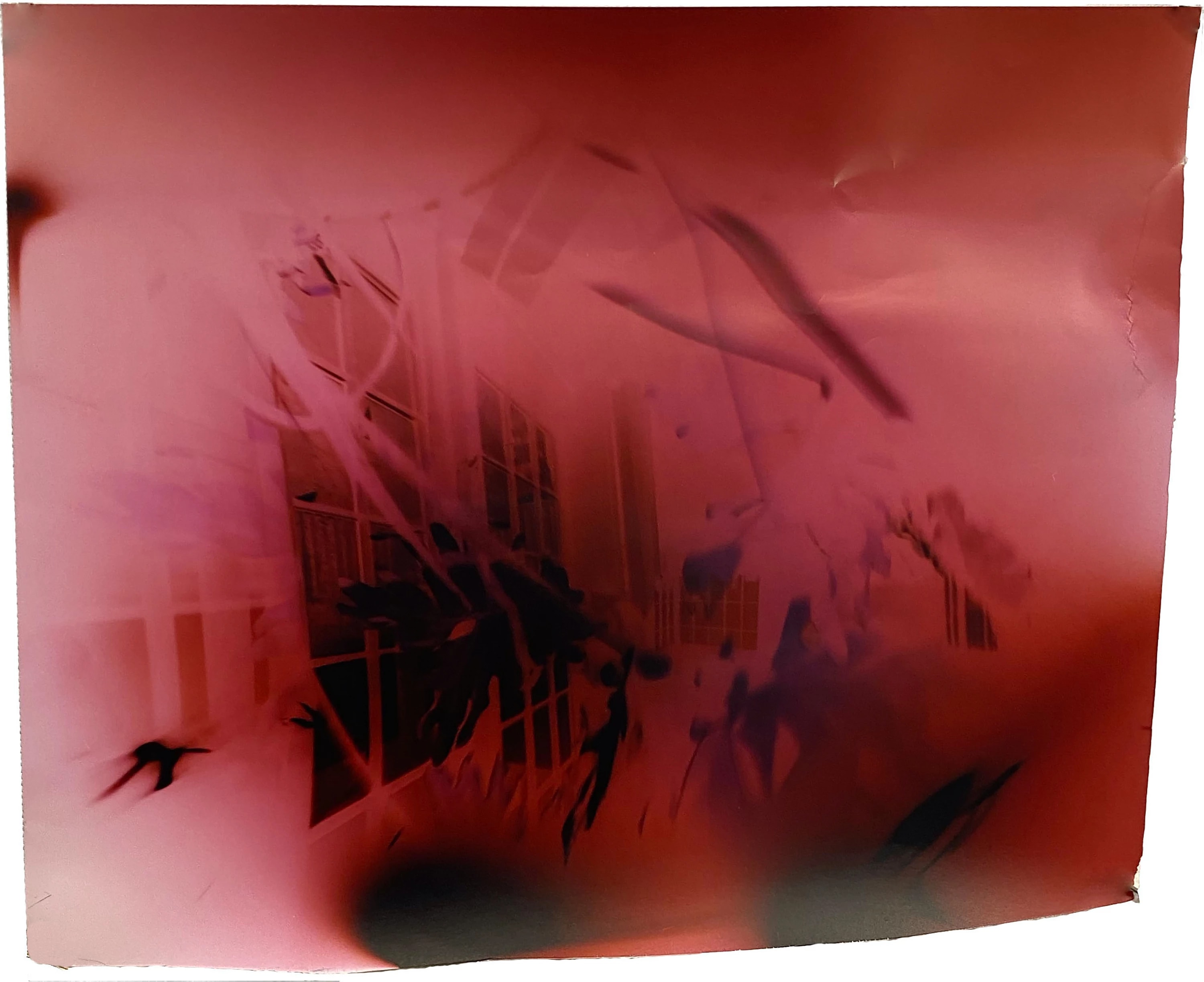 A color pinhole image shown upside-down with a dark pink hue of a living room with a window.