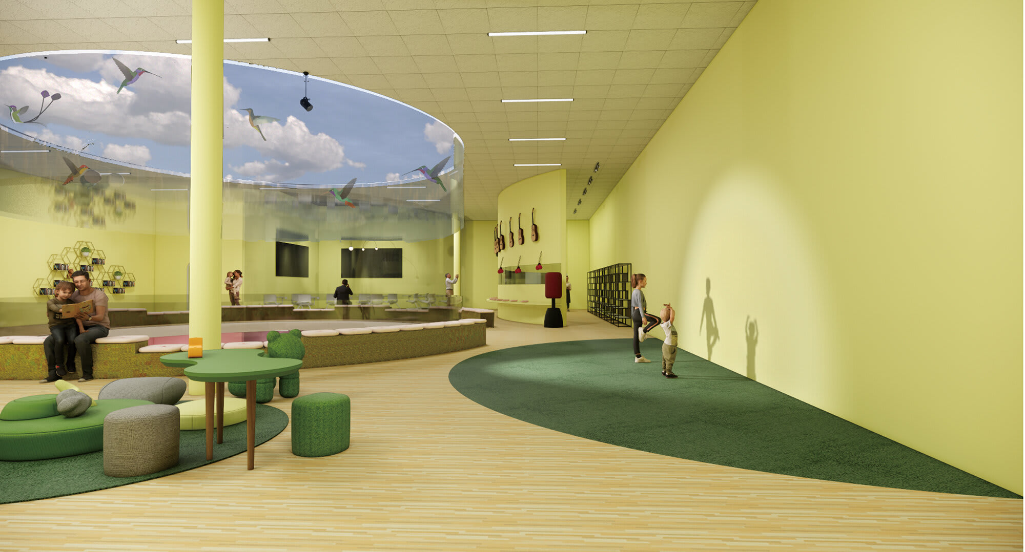 Rendering of an open office space with yellow walls, green circular carpets on light wood flooring, and a large disc overhead showing birds and blue skies.