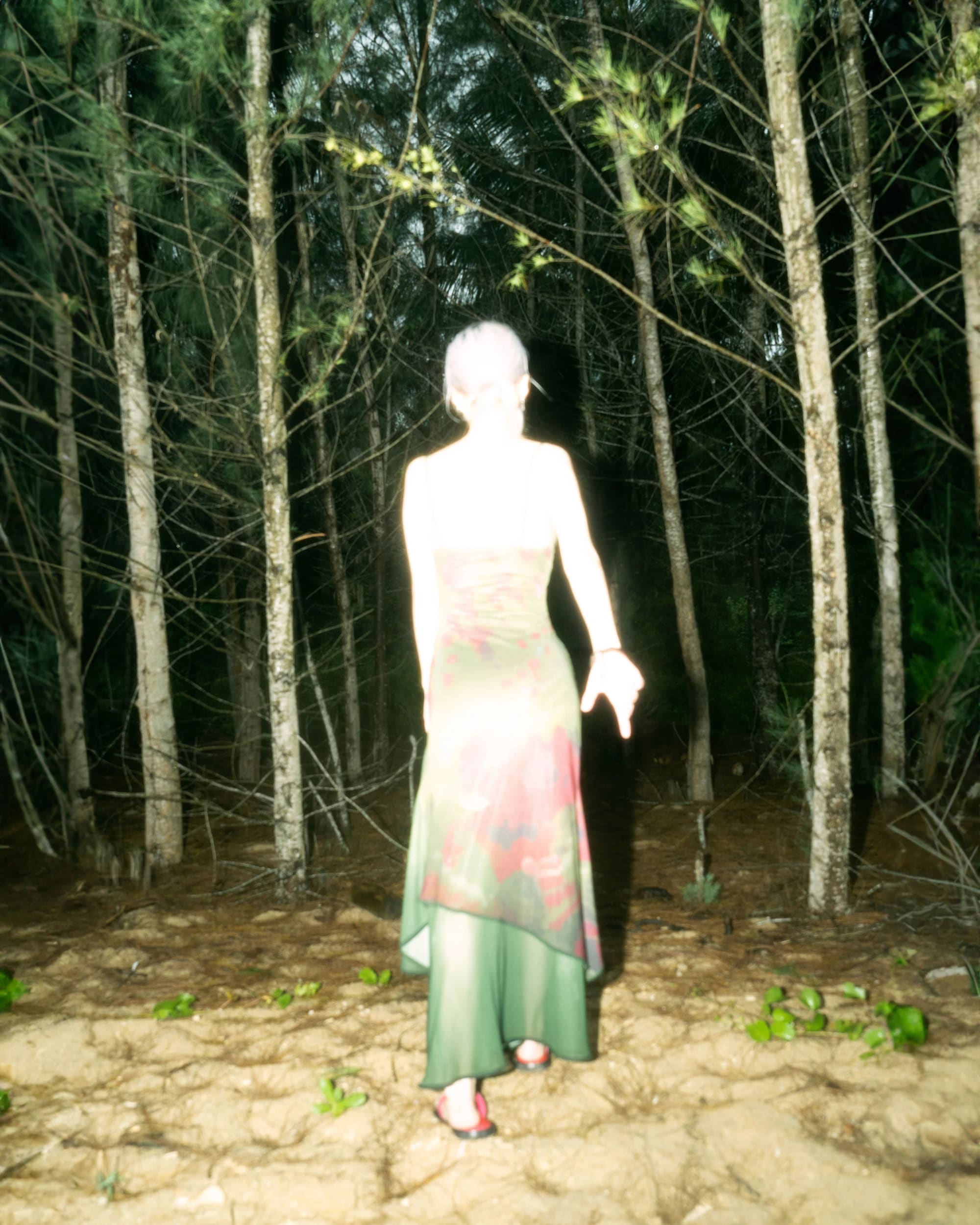 A glowing women walking into the forest, the ground is covered in sand and the trees in front of her are thin but dense in number.