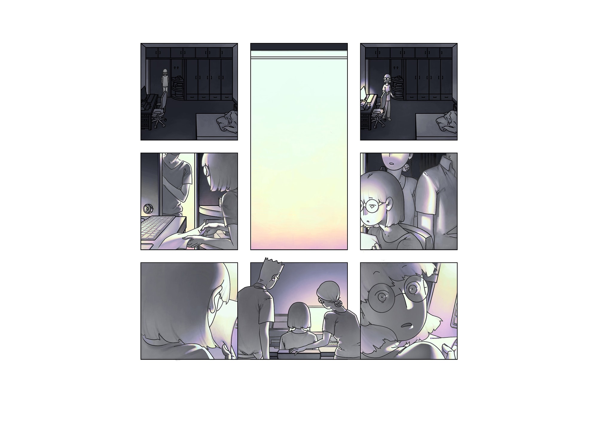 Screen still from Binhua Chen's Thesis project, 2022. Nine squares in a grid containing stills from a comic strip