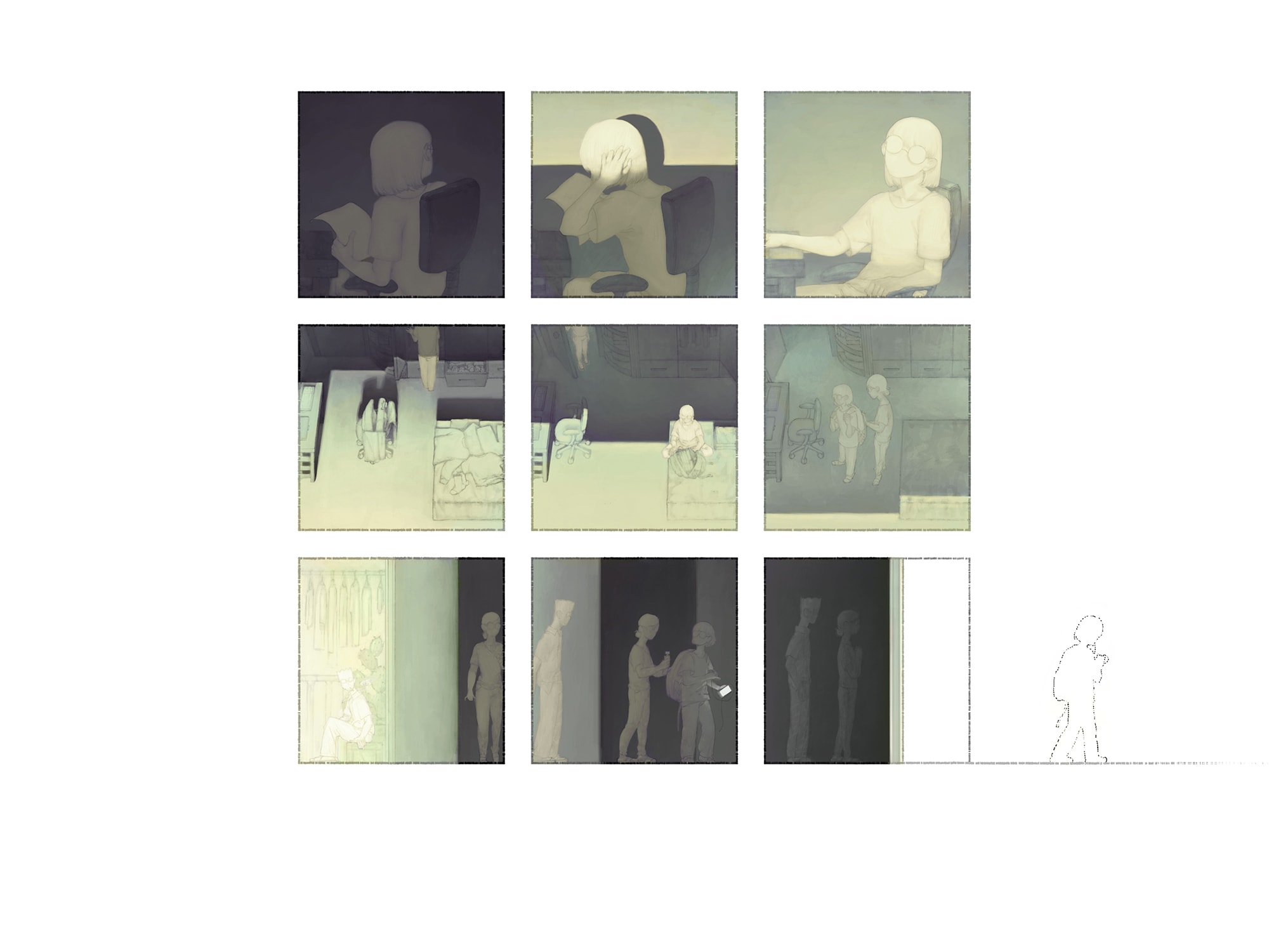 Screen still from Binhua Chen's Thesis project, 2022. Nine squares in a grid containing stills