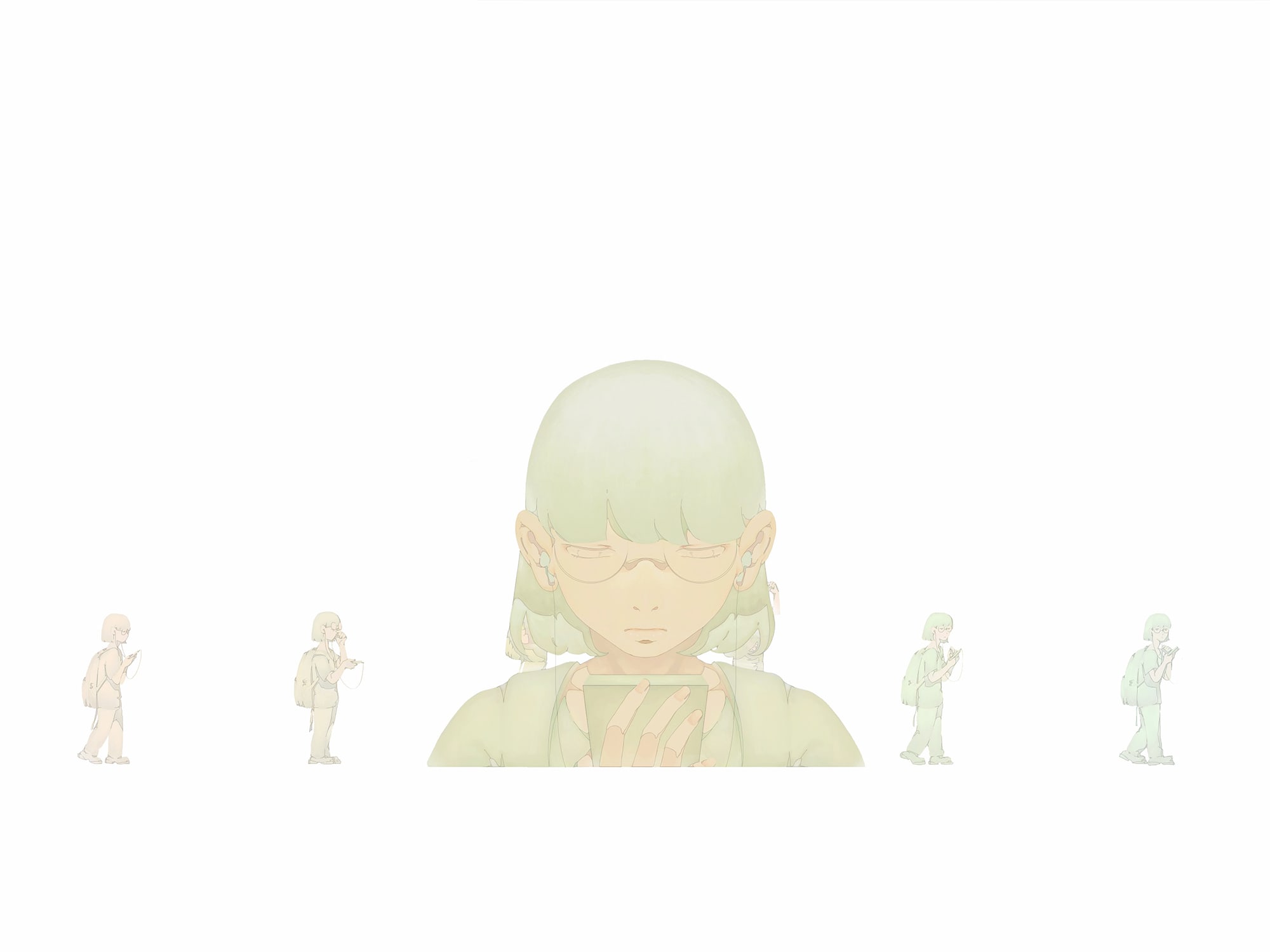 Screen still from Binhua Chen's Thesis project, 2022. figure bust looking at phone, with smaller figures on either side.