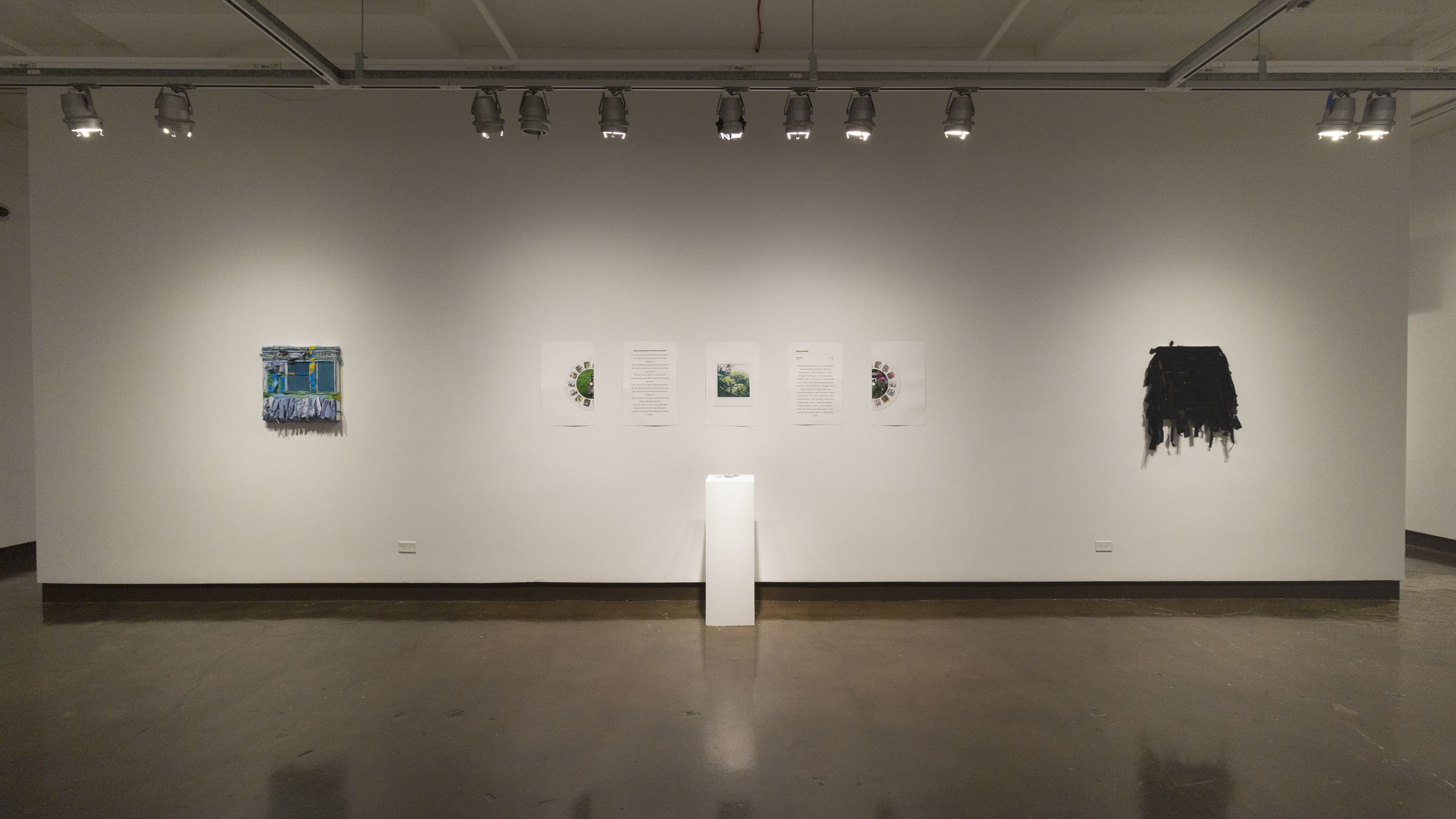 Multiple views of SVA Chelsea Gallery with colorful pantings, illustrations, photographs, and textiles hung on the walls