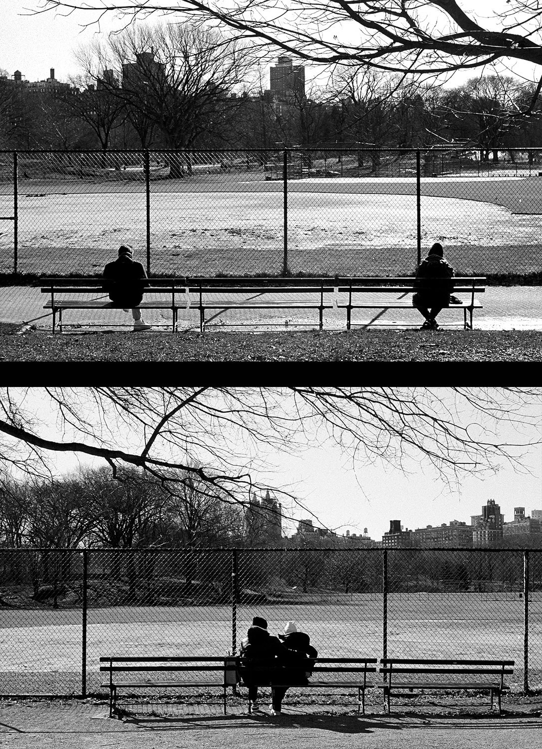 A diptych of two people sitting on a bench in front of a park at opposite ends and then sitting next to one another.