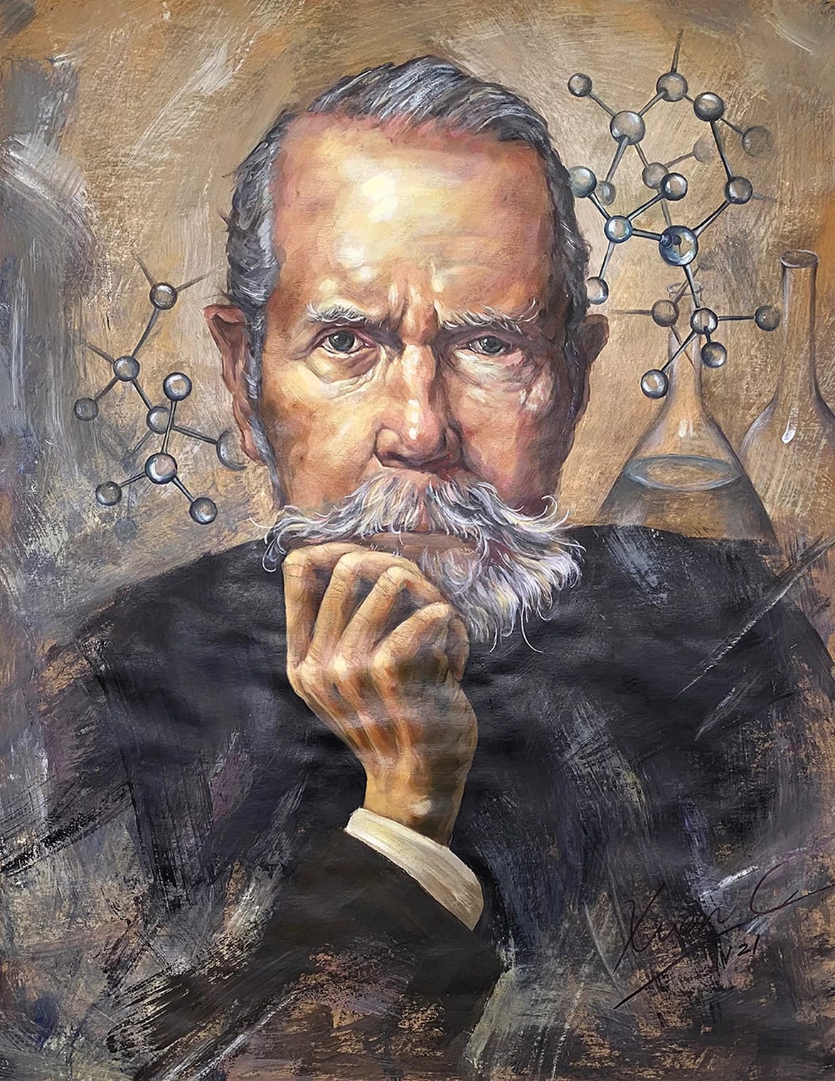 portrait of person looking straight at the viewer, This person has a grey-streaked beard, mustache and hair. This person holds the right hand under the chin. There are glass beakers and models of molecules  in the background.