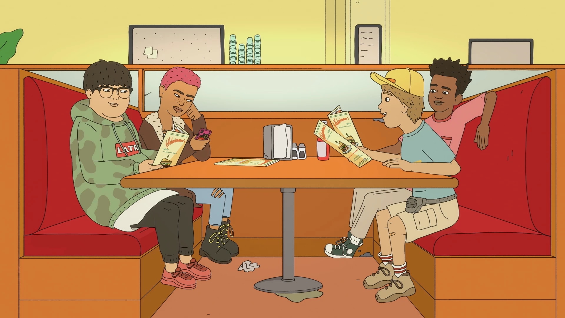 An animation still showing four friends sitting in a booth at a restaurant and looking at menus.