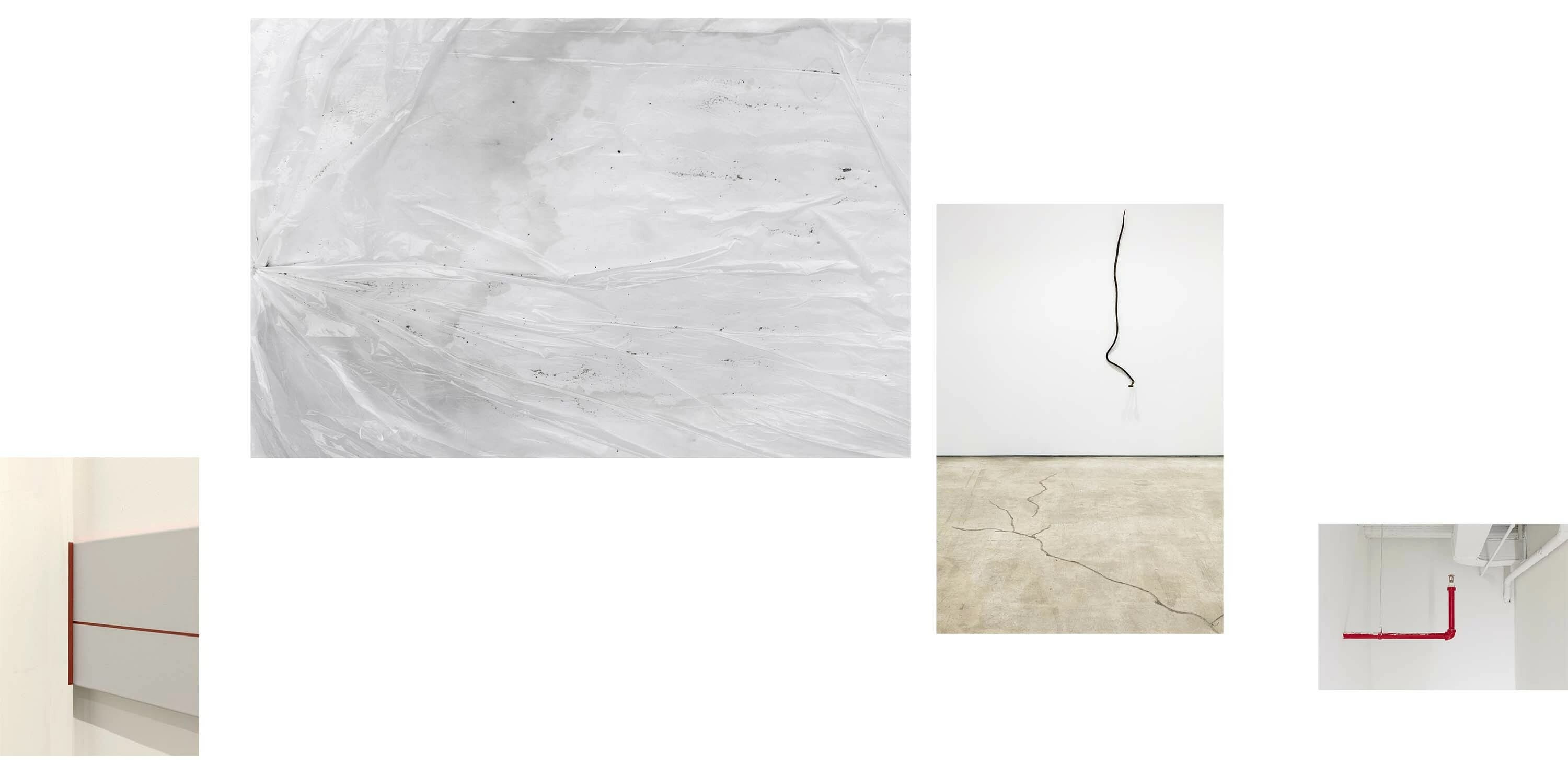 A collage of 4 different photos of a painting in the corner of the wall, a white tarp, an image of steel wire on the wall, a red sprinkler coming out from the wall near the celling.