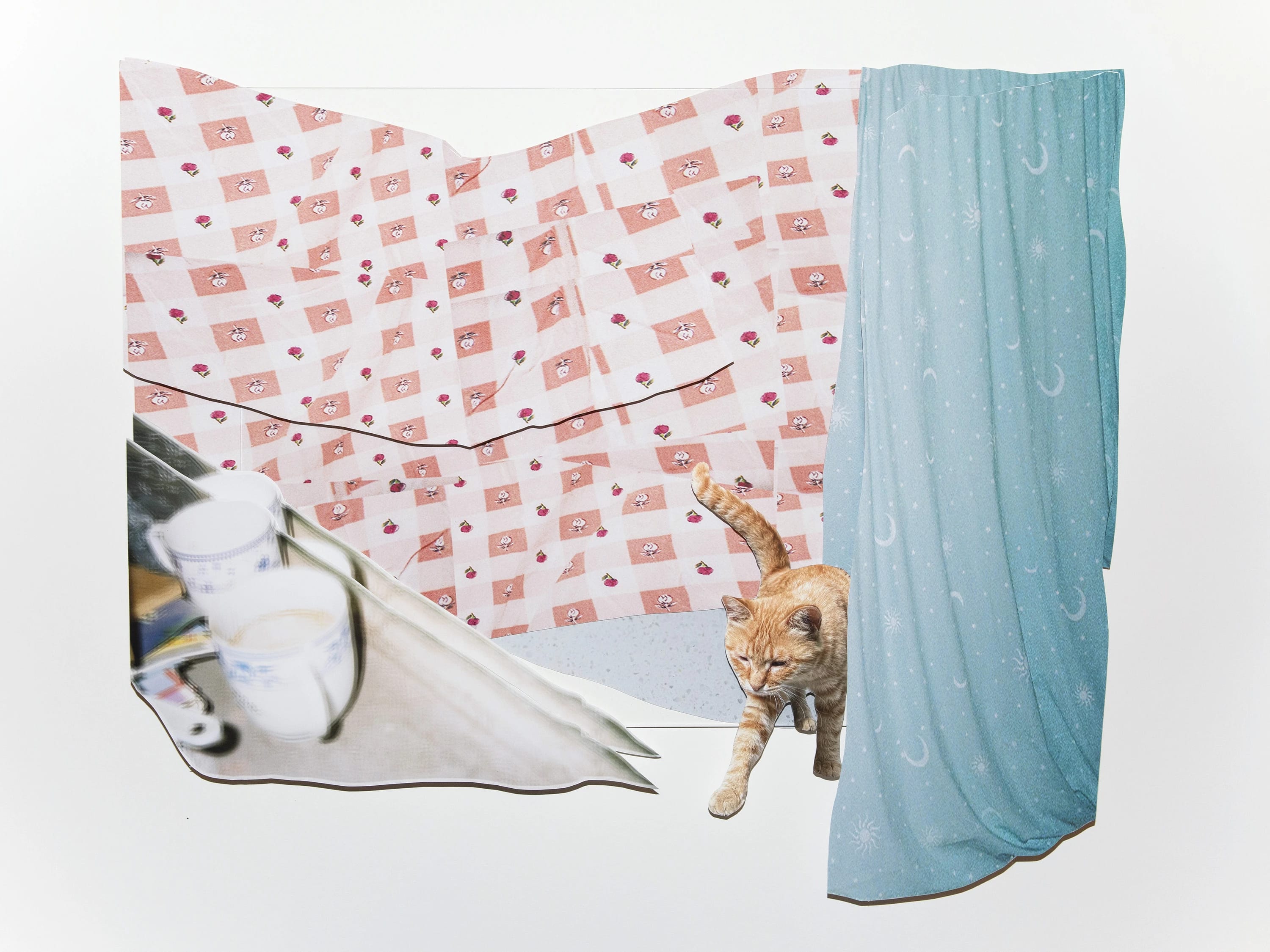 Color photograph of an installation shot from Xunzhen Zhu’s photographic 3D collages series “House Hold”. A collaged domestic scene combined photographs of blue curtain, pink floral bed sheets, window sill and a cat.