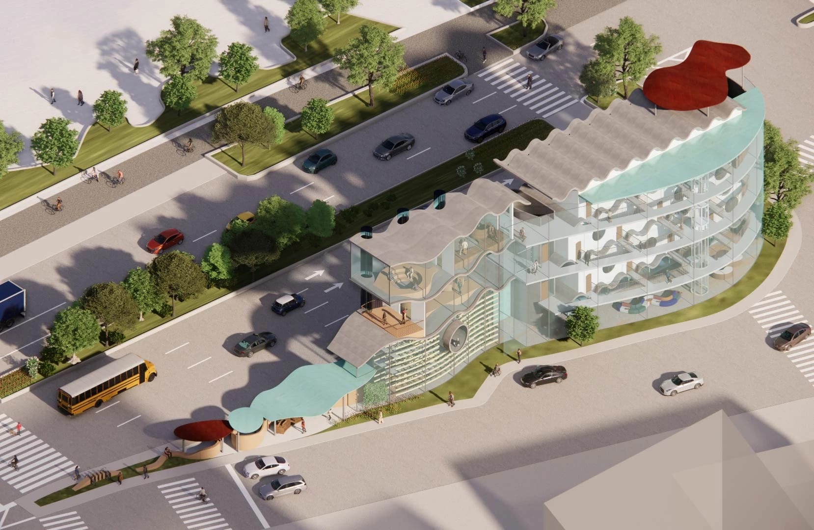 A bird's eye view of a modern housing facility and building complex in Manhattan near the river.