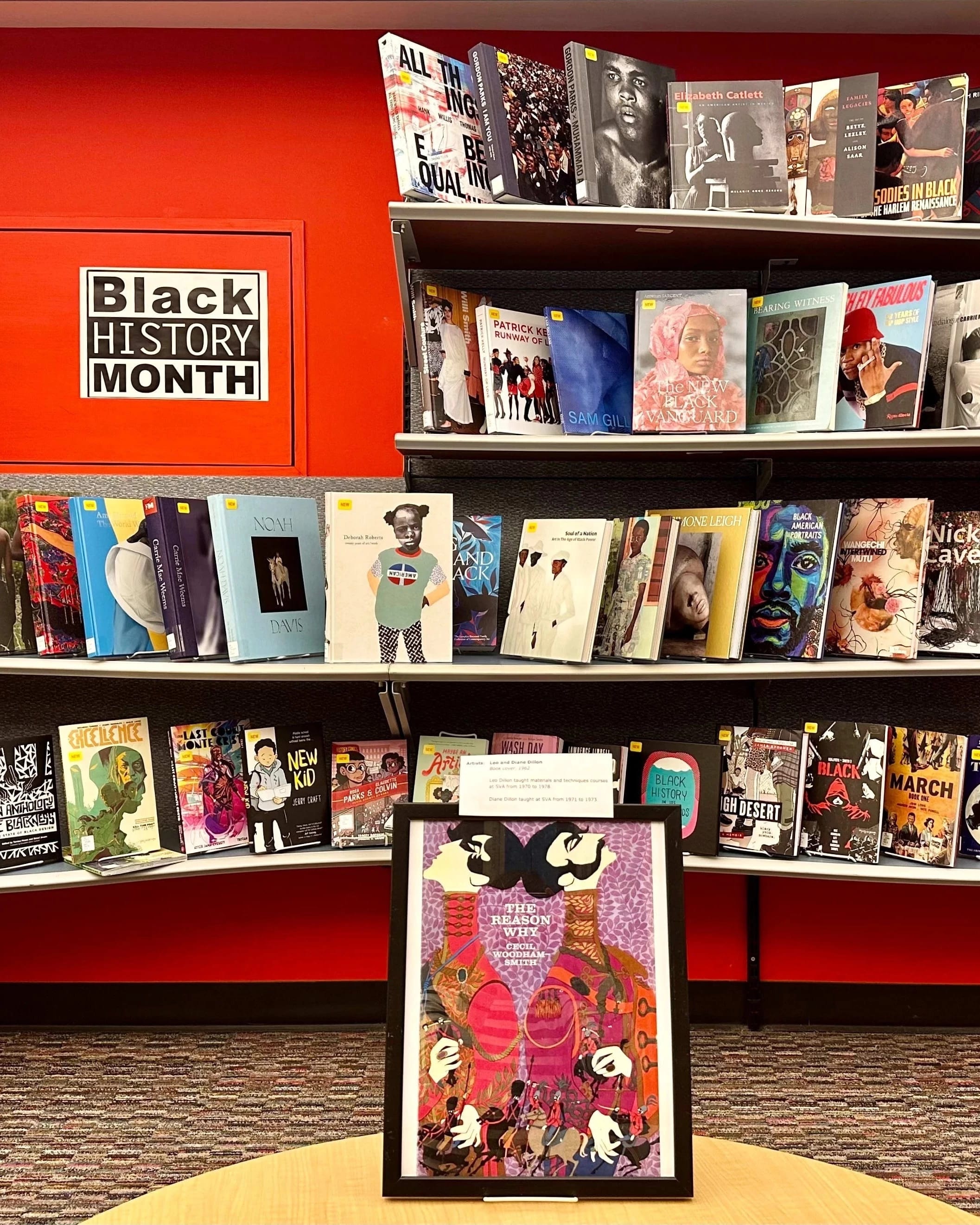 Library display for Black History Month. Several books in shelved organized with their covers on display. 