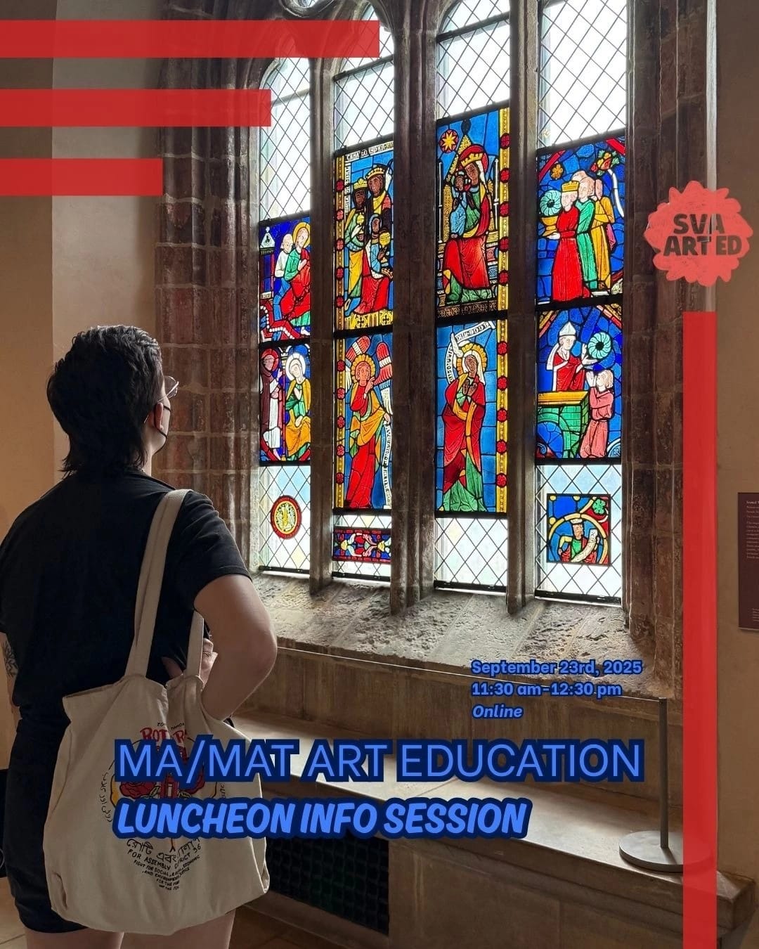 A person with their back turned to the camera looks up at stained glass windows.