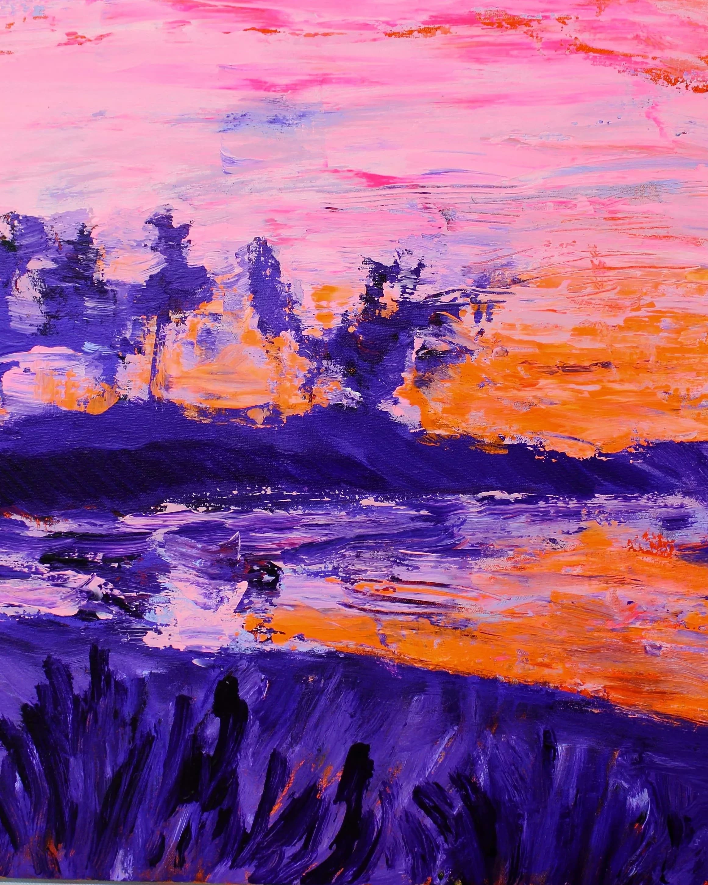 An oil painting of a landscape at sunset with trees and water bathed in colors of purple, orange and pink.