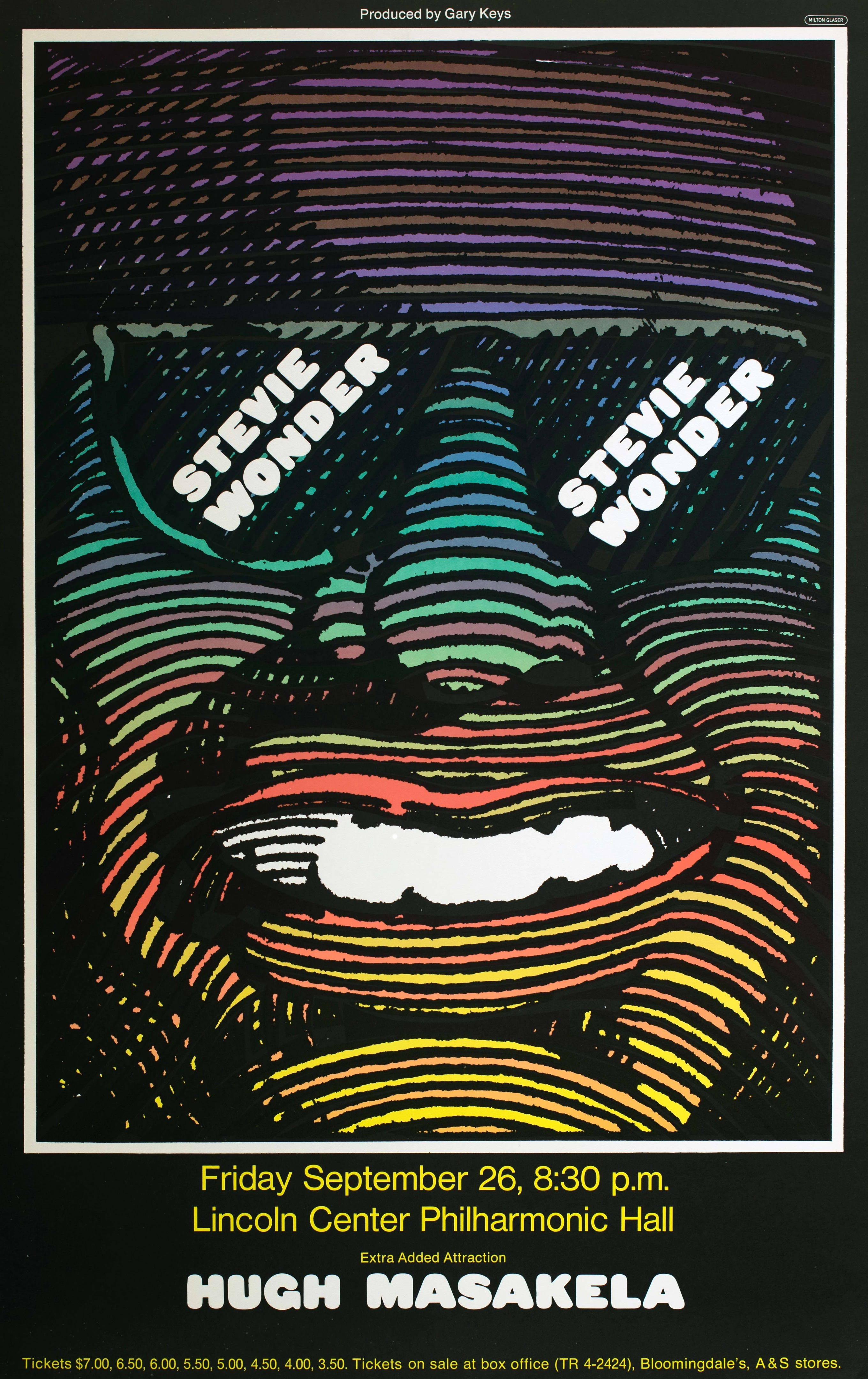 Close-up on the face of a Black musician wearing dark sunglasses and smiling; Stevie Wonder with the words "Stevie Wonder" written in each lens of the glasses, a promotional concert poster.