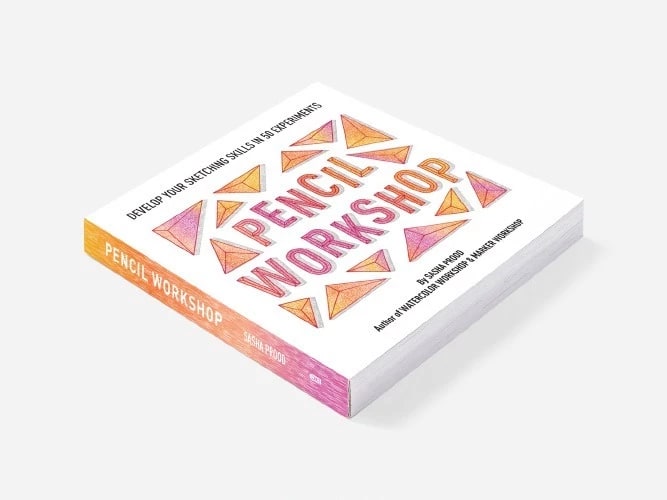 Design for a book called "A Pencil Workshop". The book is white with pink and orange triangles decorating the title lettering, which is pink. 