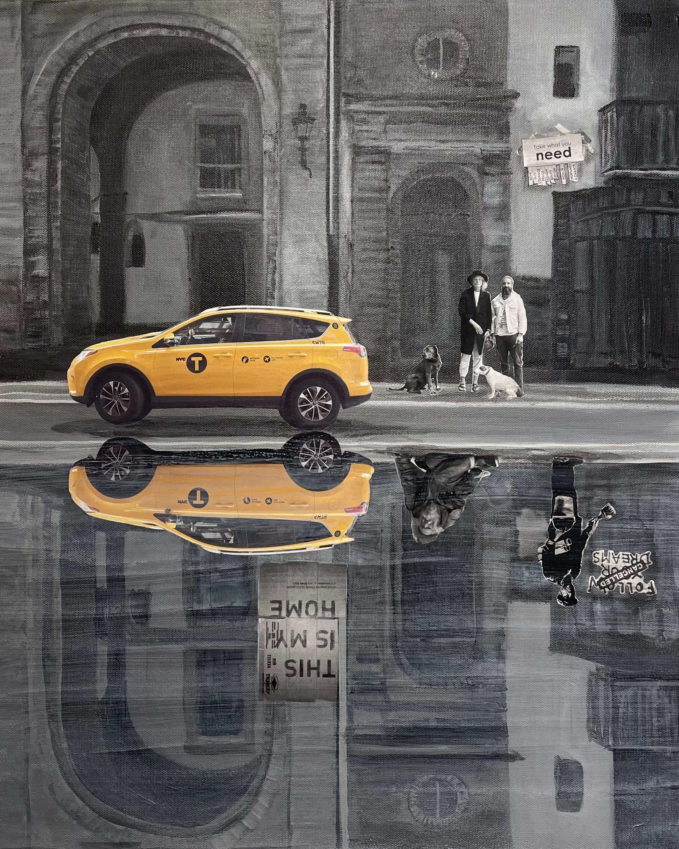 A mixed-media collage showing a yellow taxicab parked on a rainy city street.