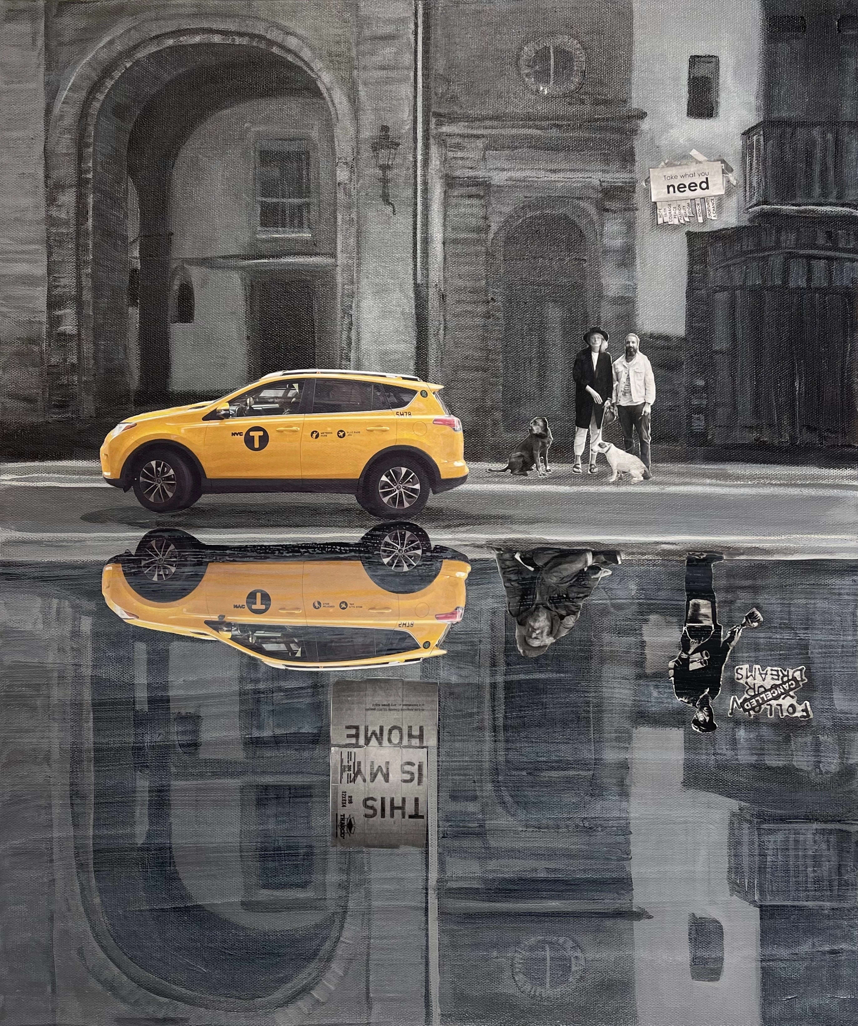 A mixed-media collage showing a yellow taxicab parked on a rainy city street.