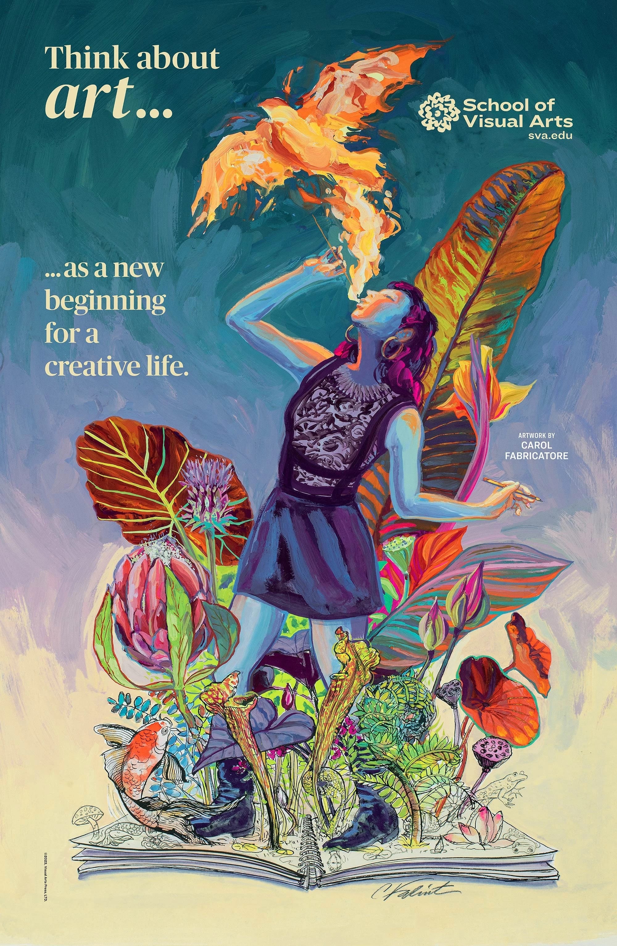 A girl surrounded by a colorful nature setting breathing a fiery bird into the air.