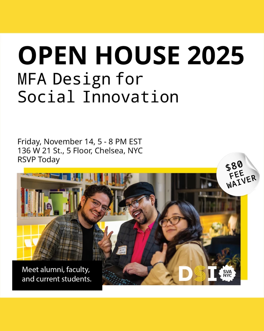 yellow background with 3 students smiling together