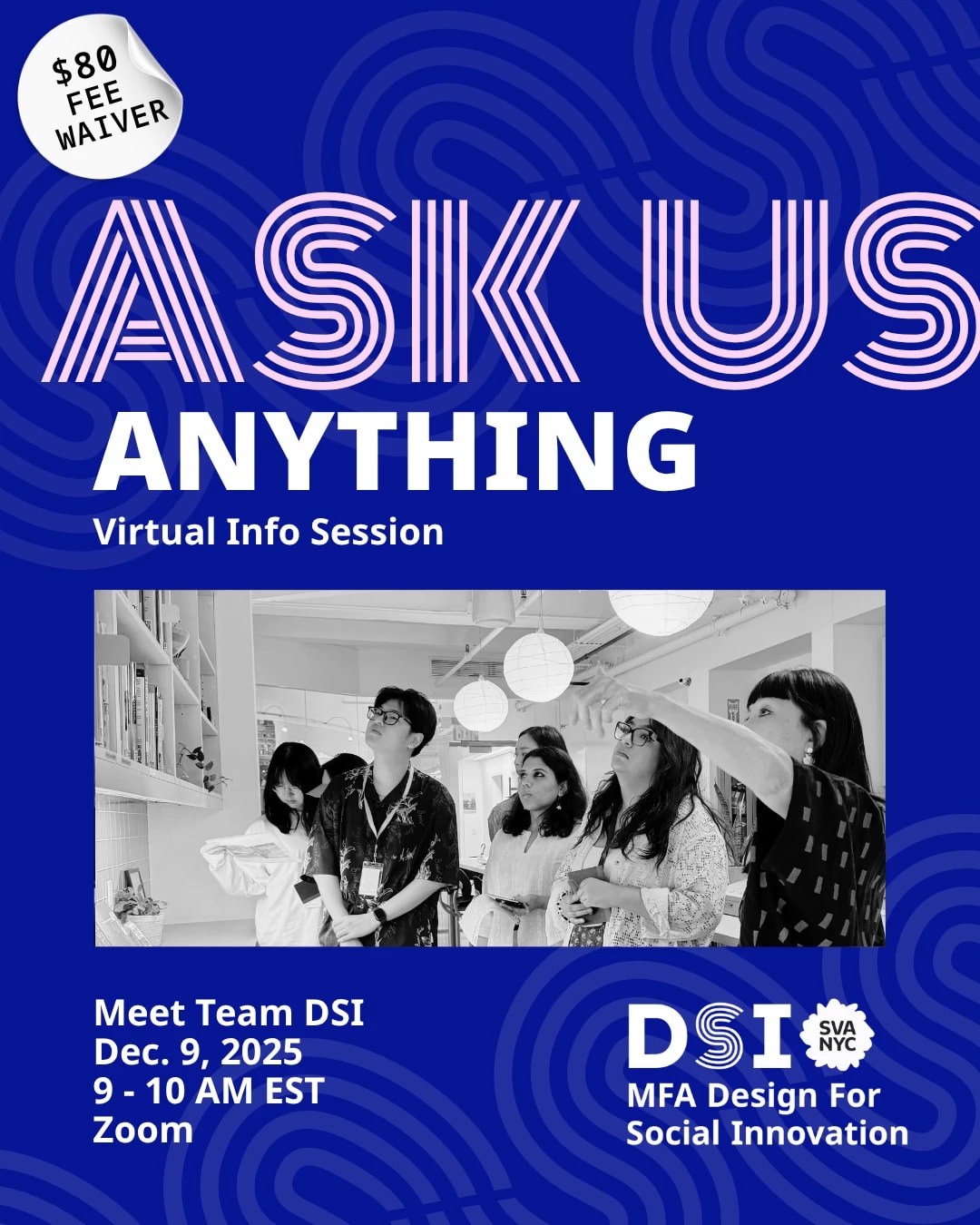 Dark blue background with black and white photo in the middle of Students looking up at library with instructor pointing