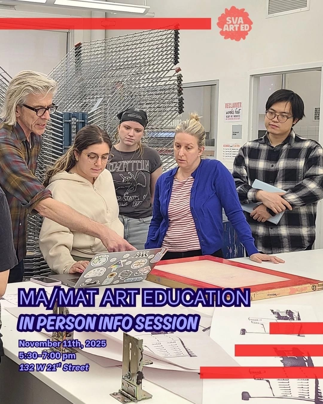 A group of people over look as an instructor with glasses points to a student's laptop screen in a printmaking studio where a printmaking screen lies on the table in front of them.