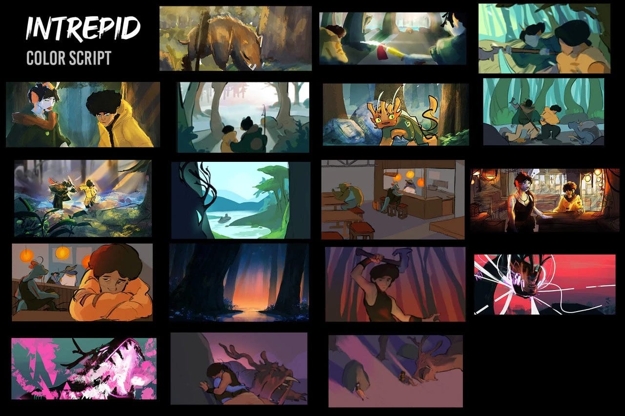 Color script titled "Intrepid" displays 18 vibrant frames depicting an animated forest adventure. Scenes include mystical creatures, dynamic characters, and mood shifts.