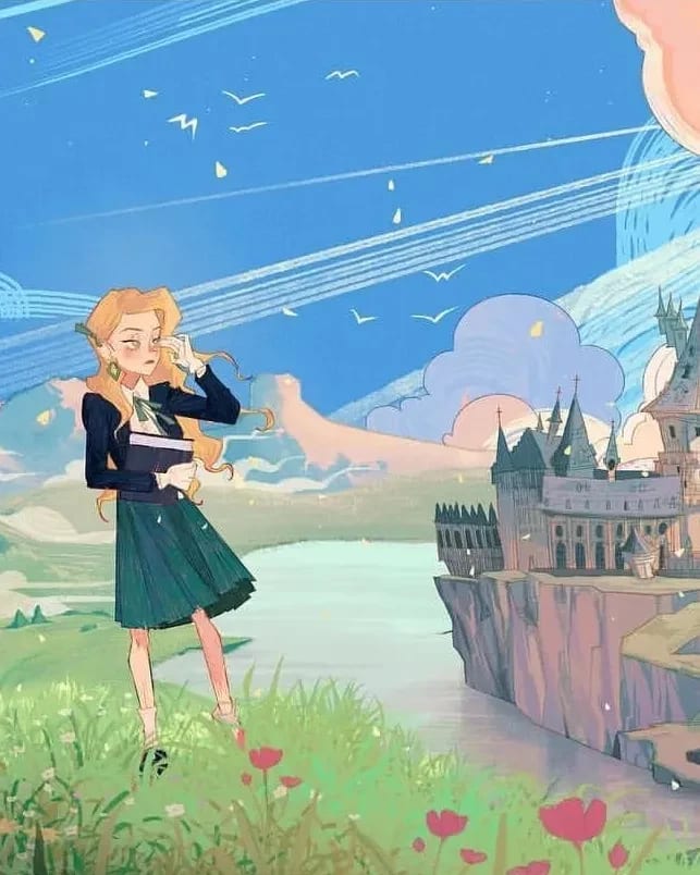 A blonde girl in a school uniform stands on a grassy hill looking at a castle across a river. The sky is blue and sunlight peeks out behind pink clouds.